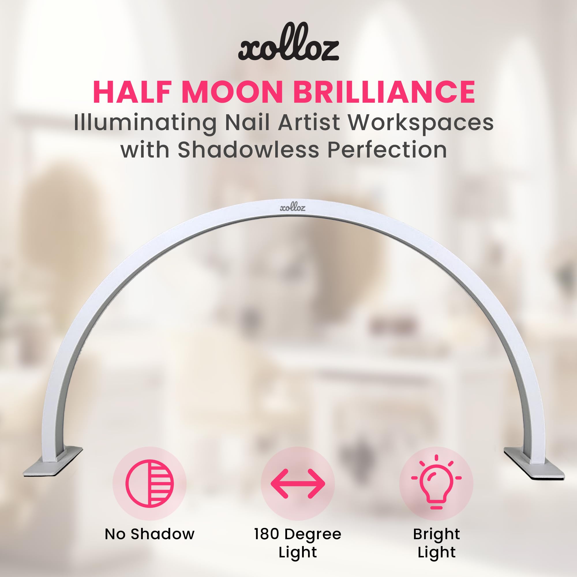 Half-Moon Nail Tech Desk Lamp - 3360 Lumen LED Nail Light with Button Control, Professional Manicure & Lash Extension Lamp for Salon, Tattoo Studio & Home Use (White)