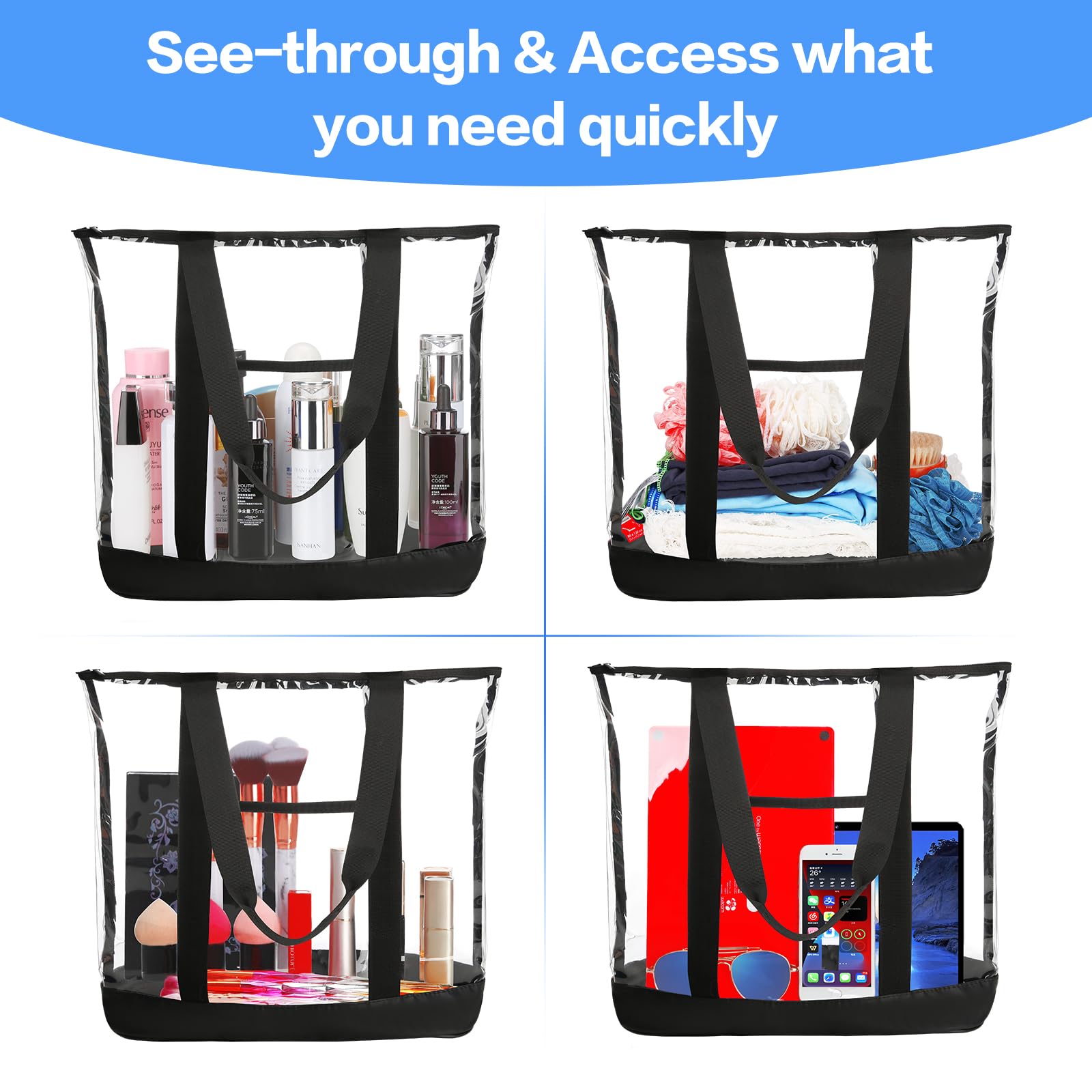 HAOGUAGUA Extra Large Clear Cosmetic Toiletry Bag - Waterproof Transparent PVC Makeup Organizer with Handles (Black) | Perfect for Travel, Gym & Daily Essentials Storage