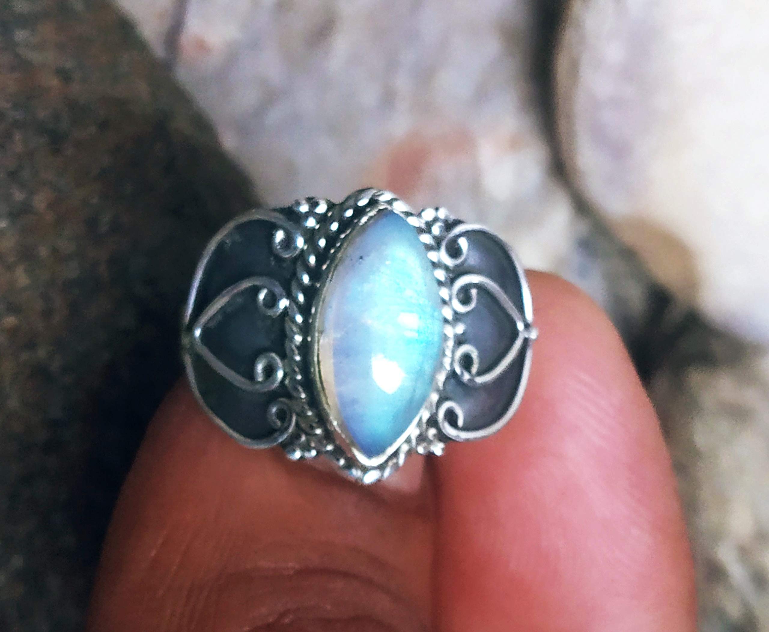 Rainbow Moonstone Ring - 925 Sterling Silver June Birthstone Jewelry, Marquise Cut Filigree Ring for Meditation & Healing | Boho Statement Bridal Gift for Women, Promise Ring for Her | Perfect for Spiritual Healing, Wedding Gifts & Everyday Boho Fashion