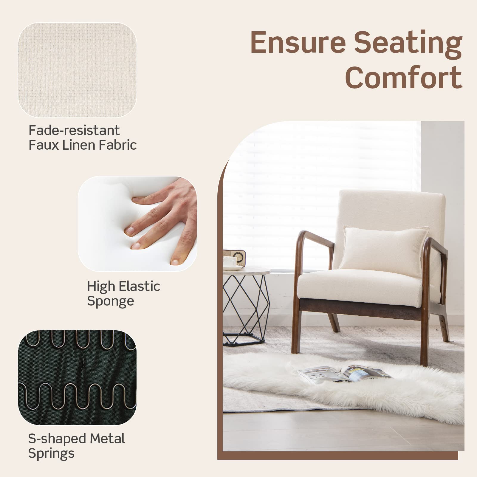 Giantex Modern Accent Chair with Pillow - Comfortable Upholstered Lounge Armchair with Anti-Slip Felt Pads, Sturdy Wooden Frame & Soft Padded Arms for Living Room, Bedroom, Study - Perfect for Relaxing, Reading & Home Decor (Beige)