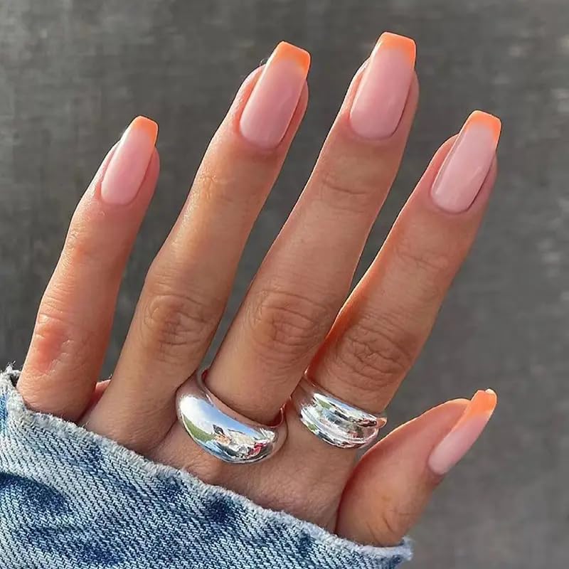 24-Piece Acrylic Press On Nails Set with Glue Kit | French Manicure Design with Orange Tips | Perfect for Parties, Weddings & Everyday Wear