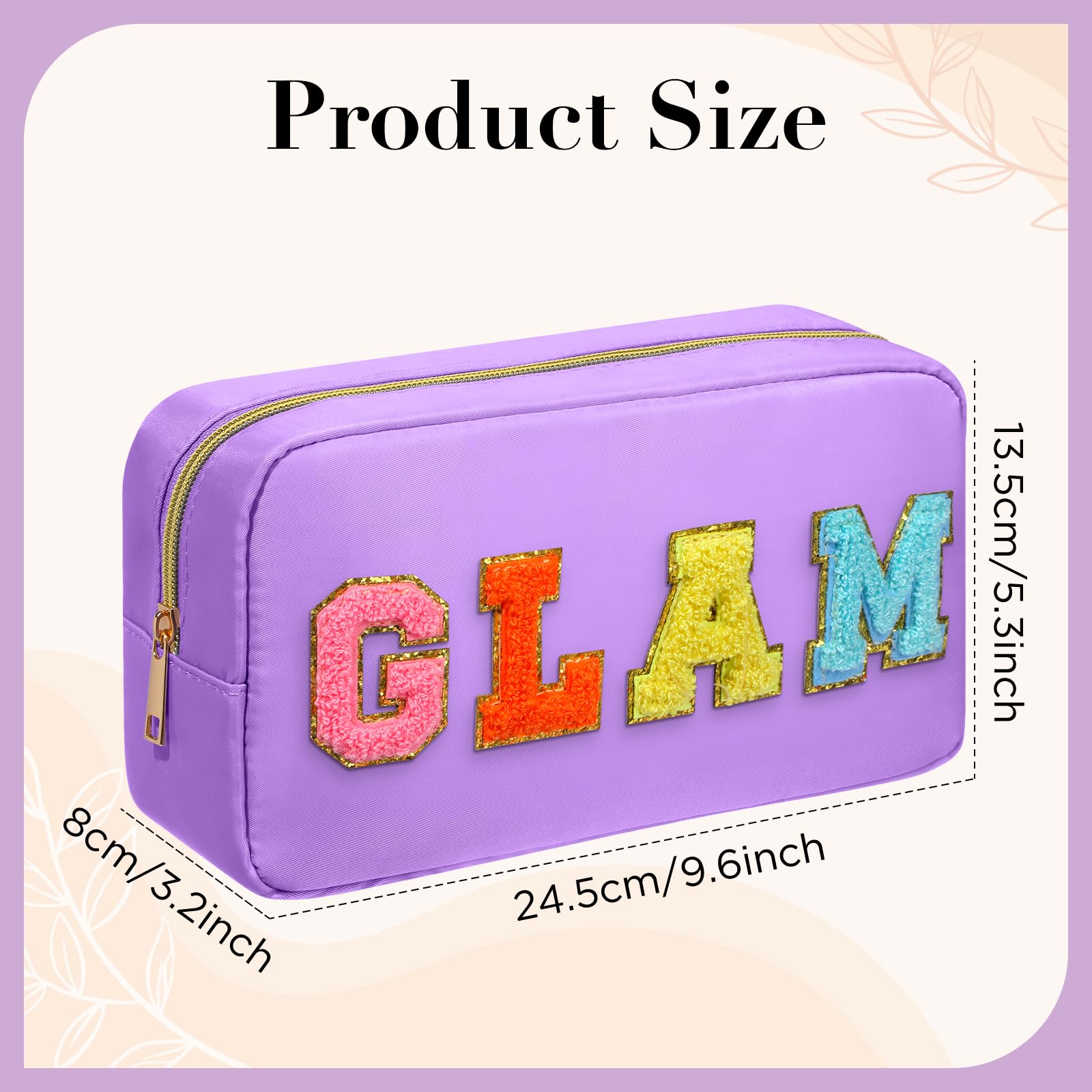 GLAM Chenille Letter Makeup Bag with Zipper - Large Capacity Waterproof Cosmetic Pouch for Women & Teens | Perfect for Travel, Gym & Daily Organization (Purple GLAM)
