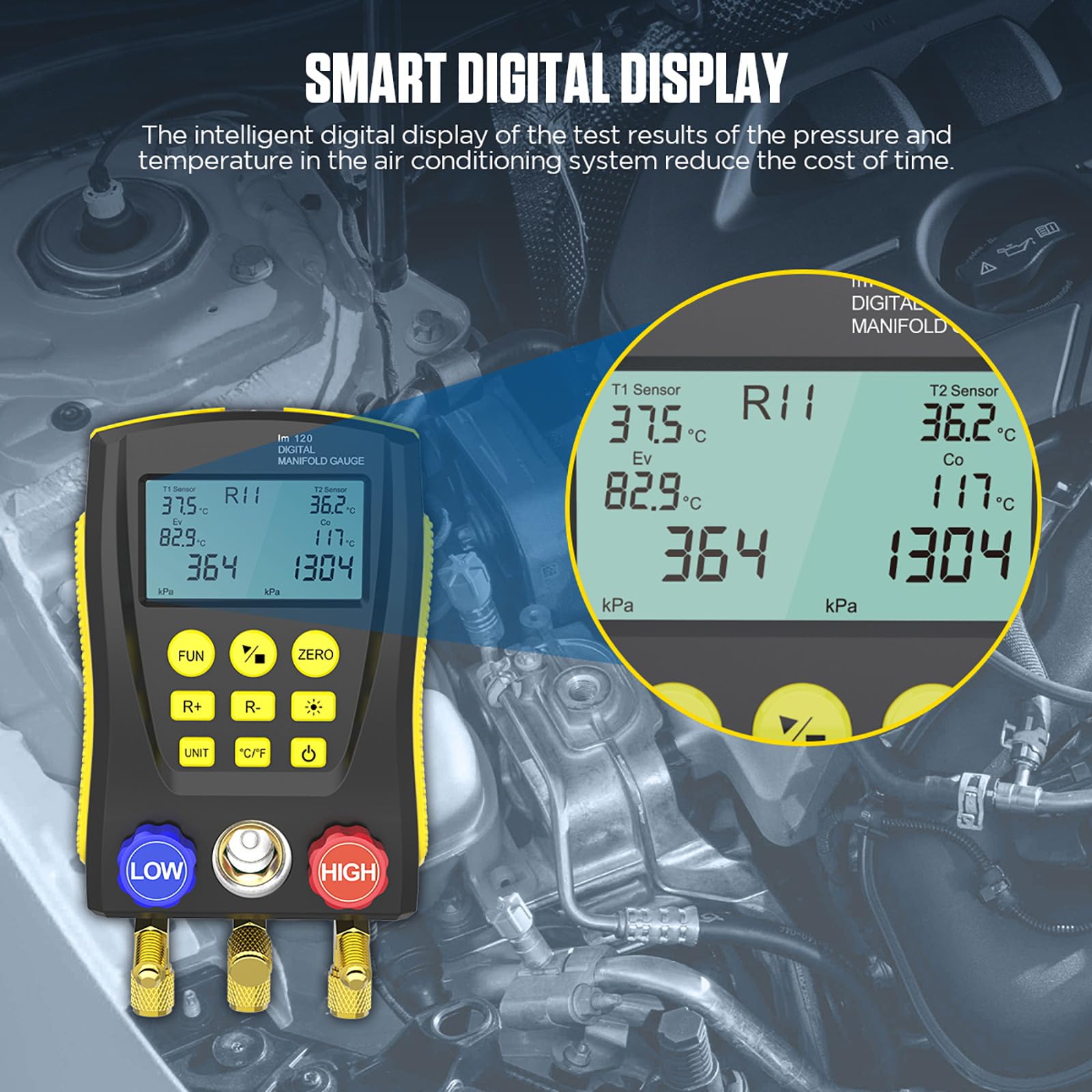 QPKING Digital Manifold Gauge Set - HVAC Refrigeration Pressure Temperature Tester with 3 Hoses & Built-in 89 Database - Professional LM120 Leak Detection Kit for AC Repair, Refrigerant Charging and HVAC System Maintenance