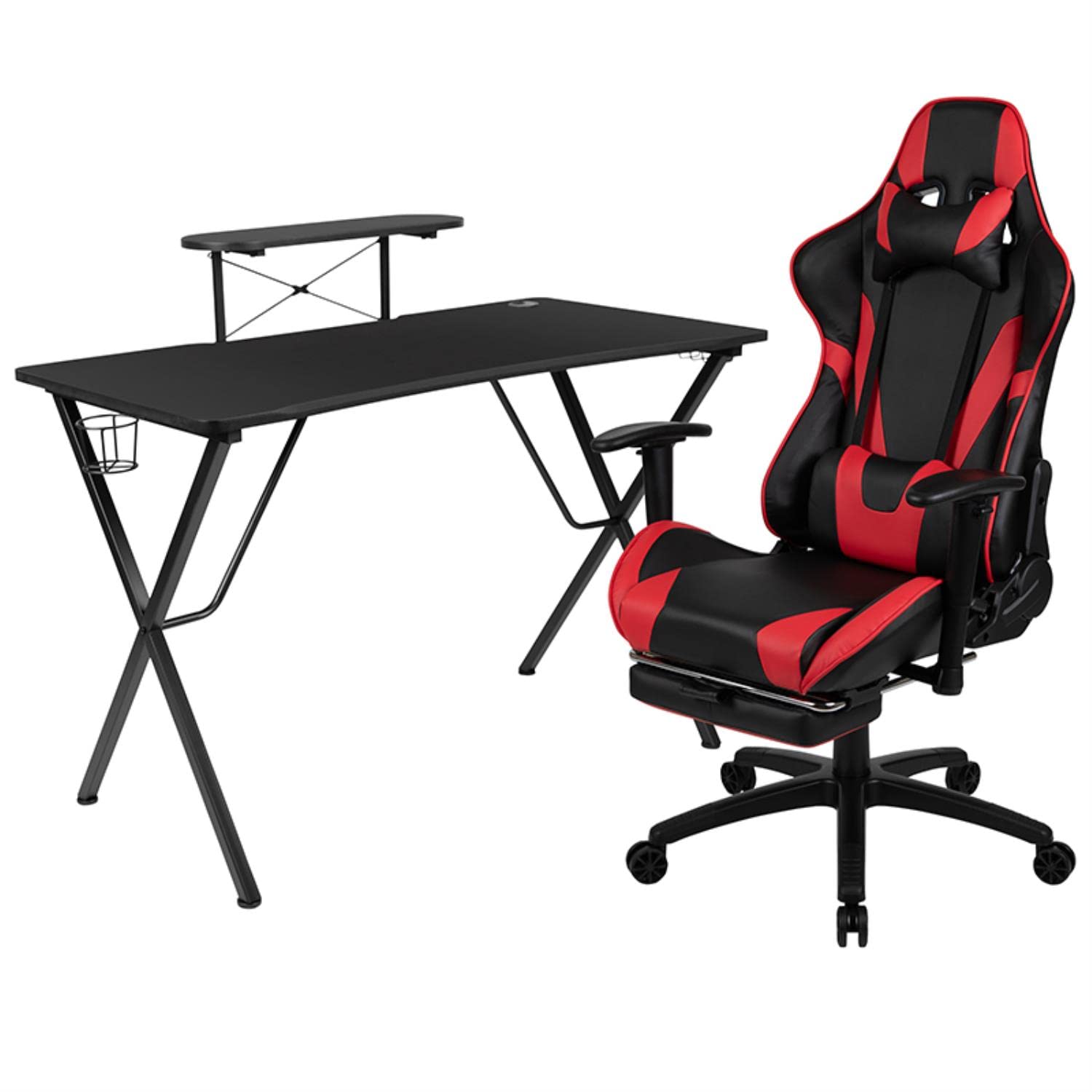 Flash Furniture Black Gaming Desk & Red/Black Reclining Gaming Chair Set with Cup Holder, Headphone Hook & Monitor Stand - Perfect for Esports, Streaming & Home Office Setup