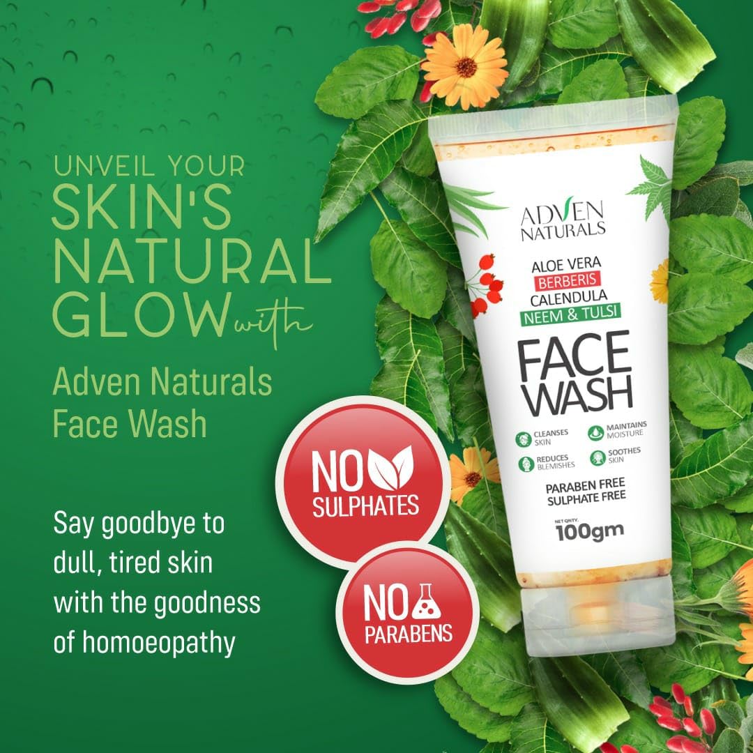 ADVEN NATURALS Face Wash with Aloe Vera, Berberis, Calendula, Neem & Tulsi - Paraben & Sulfate Free - Pack of 2 (100GMx2) - Gentle Cleansing for Acne-Prone & Sensitive Skin - Daily Skincare Routine