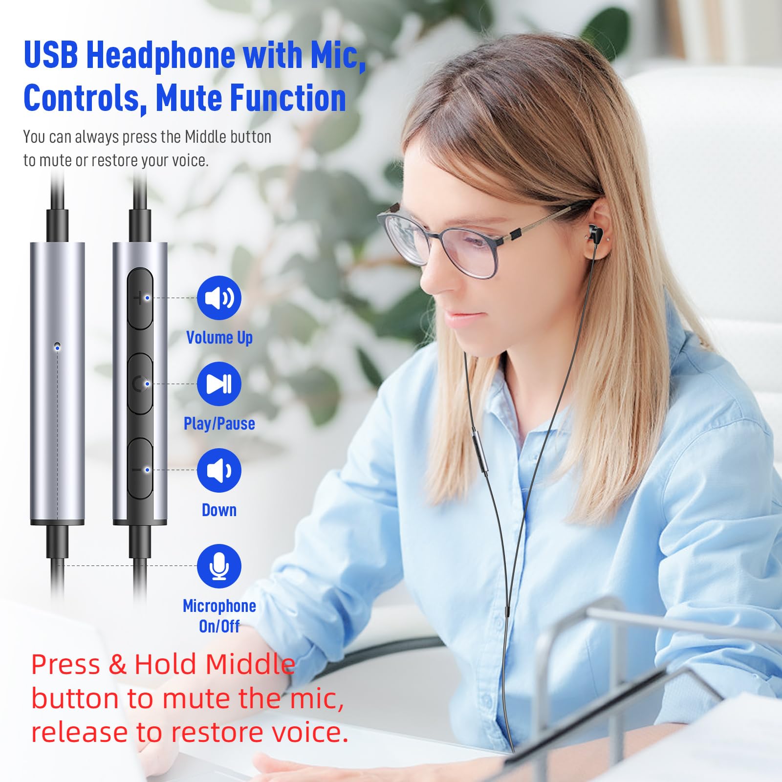 HGCXING USB Wired Headphones with Mic & Mute Control - 7.5ft Magnetic Noise Isolating Earbuds for PC, Laptop, MacBook Pro - Perfect for Office Work, School, Zoom Meetings & Gaming