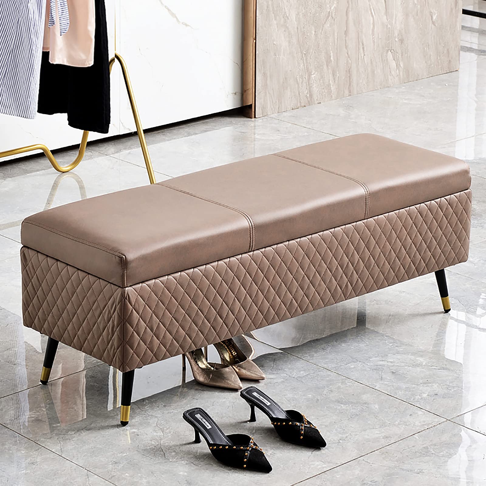 Luxury Faux Leather Storage Ottoman Bench - Rectangular Shoe Storage Organizer, Multifunctional Entryway Seat for Living Room, Bedroom & Hallway - Brown (60x40x45cm/24x16x18in) - Perfect for Small Space Organization & Extra Seating