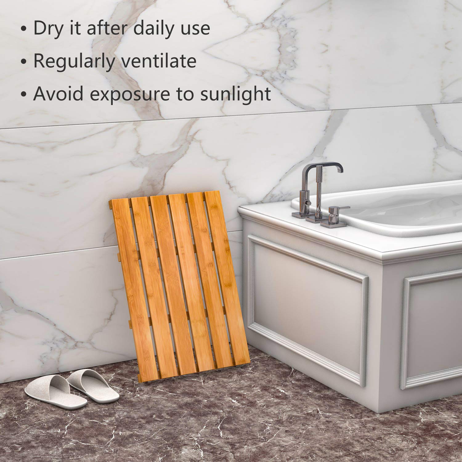 Non-Slip Bamboo Shower Mat - Waterproof Wooden Bath Mat for Indoor & Outdoor Use - 21.26x14.17x1.3 Inches (Pack of 2) - Perfect for Bathroom, Spa, Poolside & Patio Floor Protection