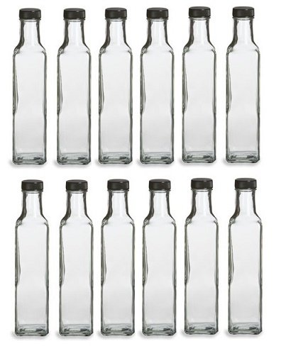 Nakpunar 12-Pack 8.5 oz Glass Marasca Bottles with Black Caps - Premium Quadra Style Bottles for Cocktails, Essential Oils, Homemade Syrups & Craft Beverages - Perfect for Bartenders, Home Brewers & DIY Enthusiasts