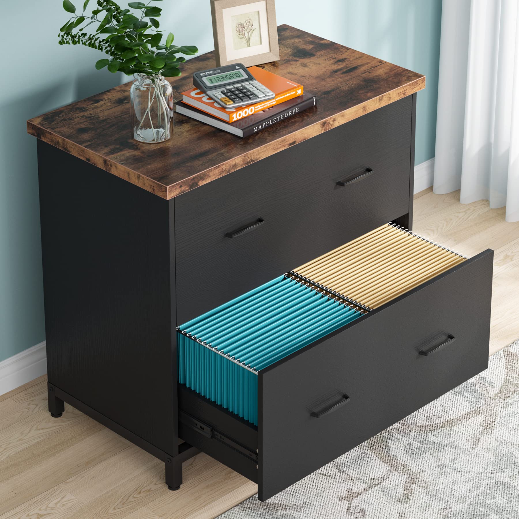 Tribesigns 2-Drawer Wood Lateral File Cabinet - Rustic Brown & Black Home Office Storage for A4 & Letter Size Documents | Perfect for Office Organization & Home Workspace