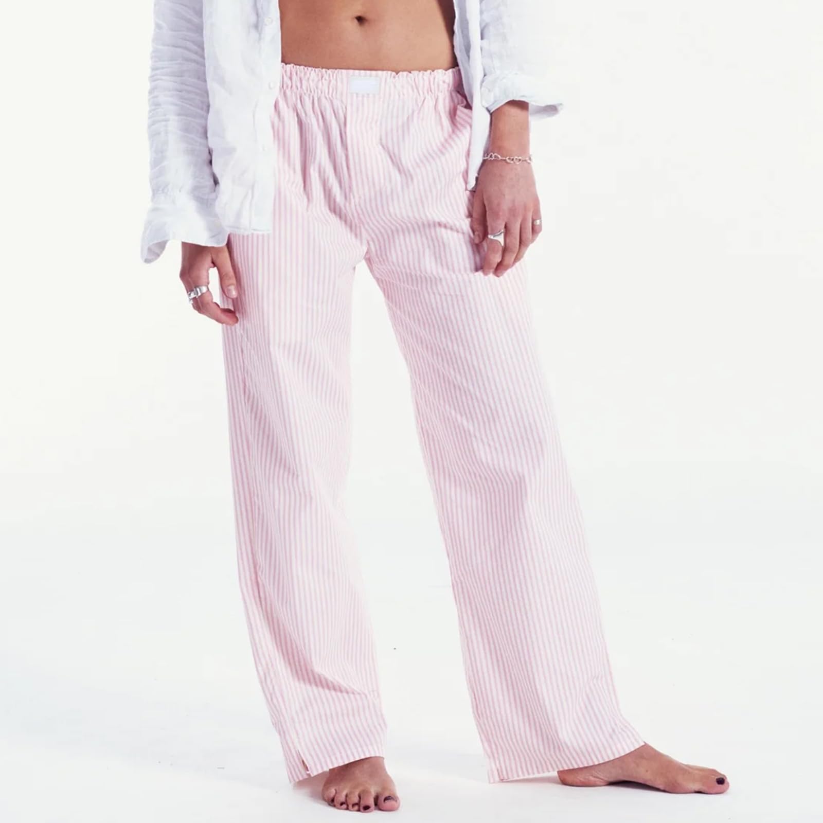 HOXIJIA Women's Casual Striped High Waist Wide Leg Pants - Elastic Waistband Loose Fit Straight Leg Trousers for Streetwear & Y2K Fashion | Perfect for Work, Travel and Everyday Wear