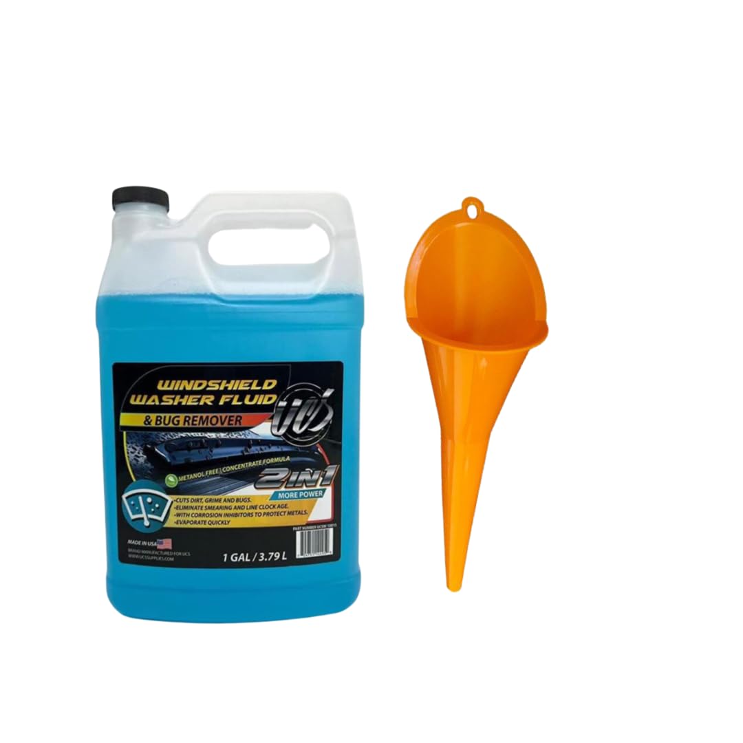 UCS 10015 2-in-1 Windshield Washer Fluid & Bug Remover - 1 Gallon with Durable Plastic Funnel - Perfect for Car Cleaning & Road Trips