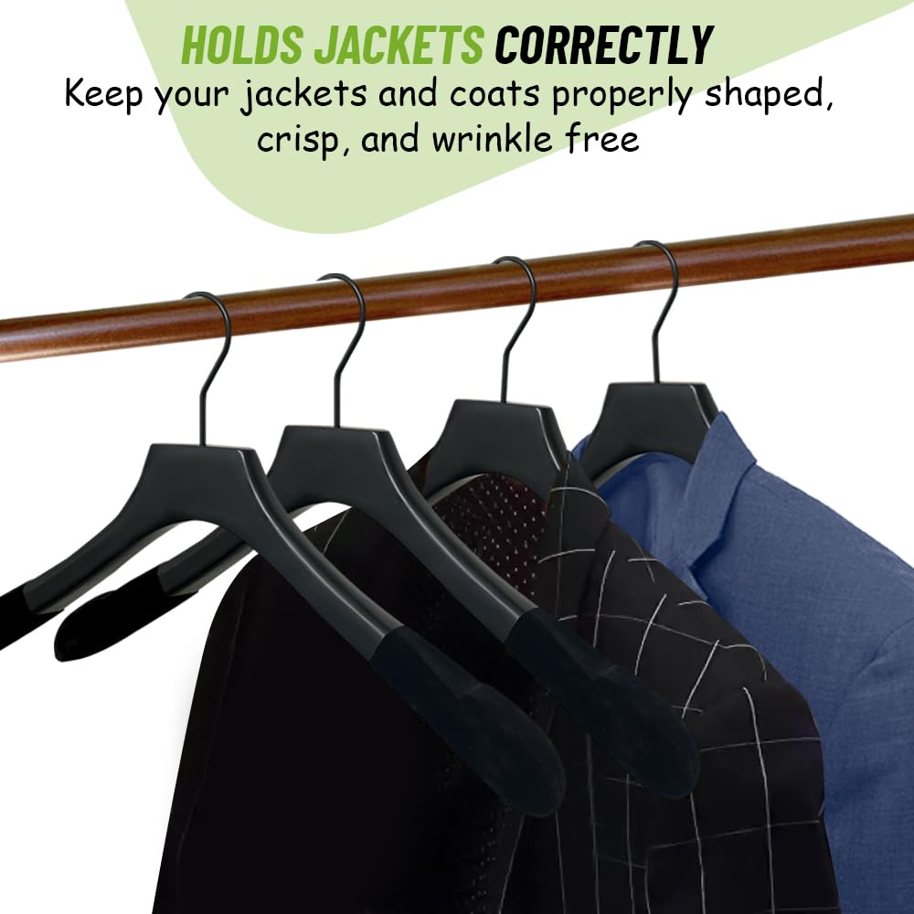 Premium Wooden Clothes Hangers - Heavy Duty Non-Slip Coat Hangers for Suits, Pants & Jackets - Wide Shoulder Design with Black Velvet Finish (12-Pack) - Perfect for Closet Organization & Luxury Wardrobe Storage