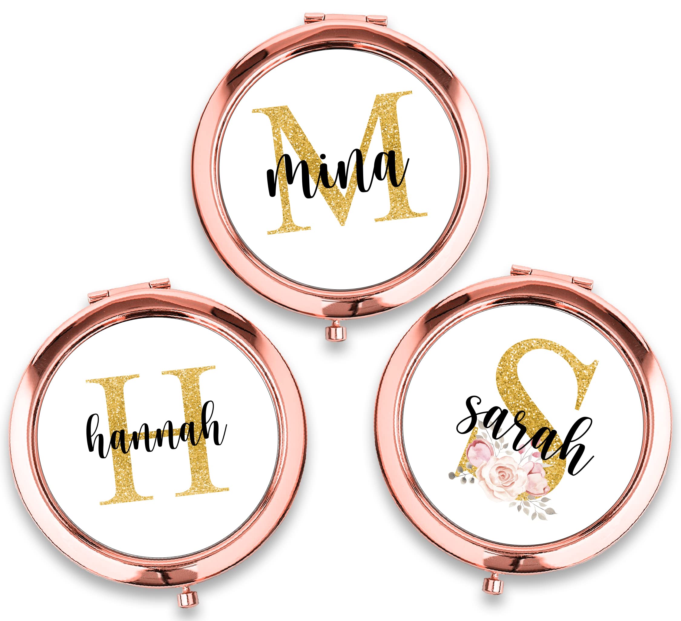 Custom Initial Compact Mirror - Rose Gold Bridesmaid Gift for Travel & Weddings