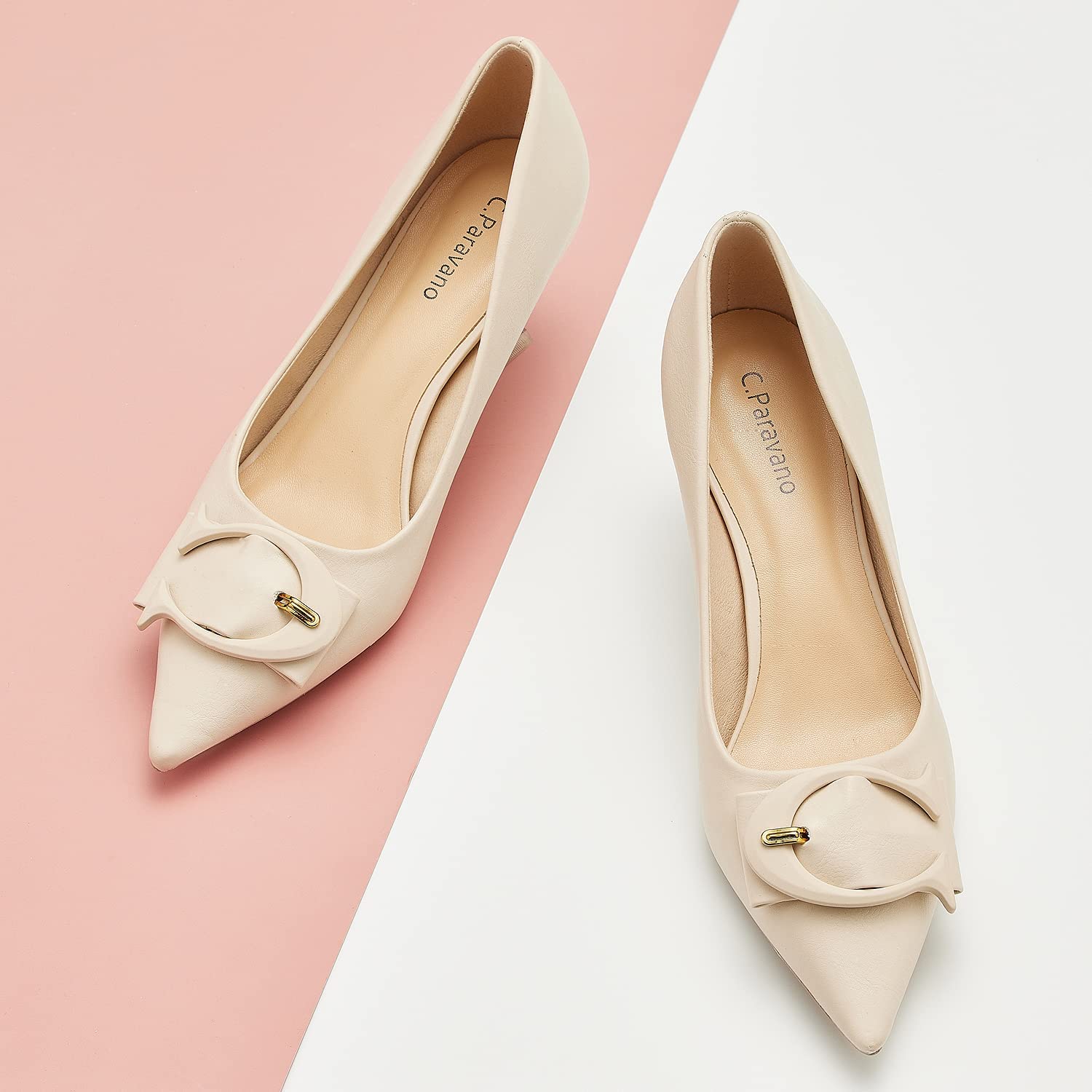 C.Paravano Women's Leather Pumps - Low Heel & Kitten Heel Designer Shoes for Women | Comfortable Office Work & Wedding Party Dress Shoes