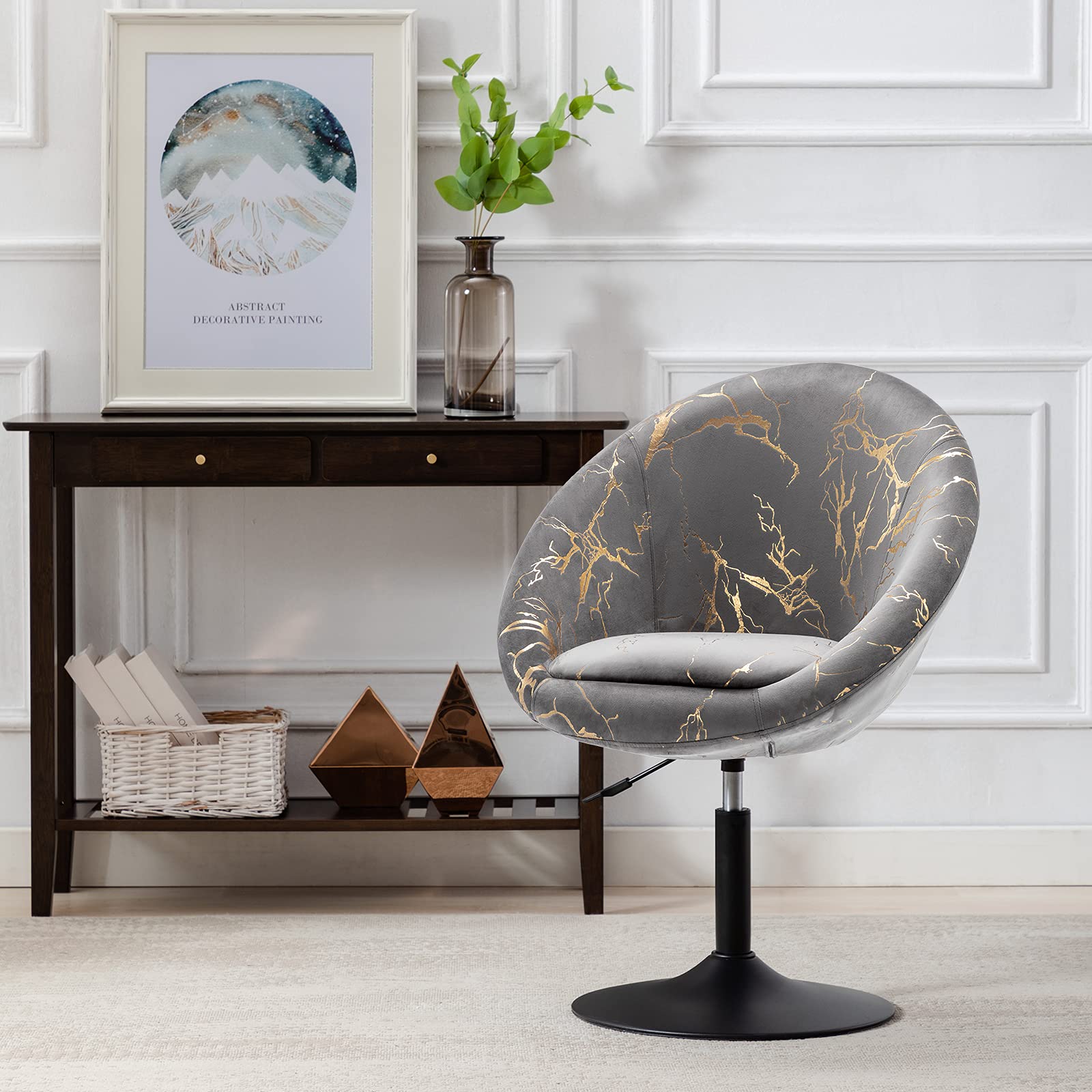 Modern Accent Swivel Chair - Adjustable Height Upholstered Vanity Makeup Salon Chair with Bronzing Fabric for Living Room, Lounge, Pub & Home Office - Grey