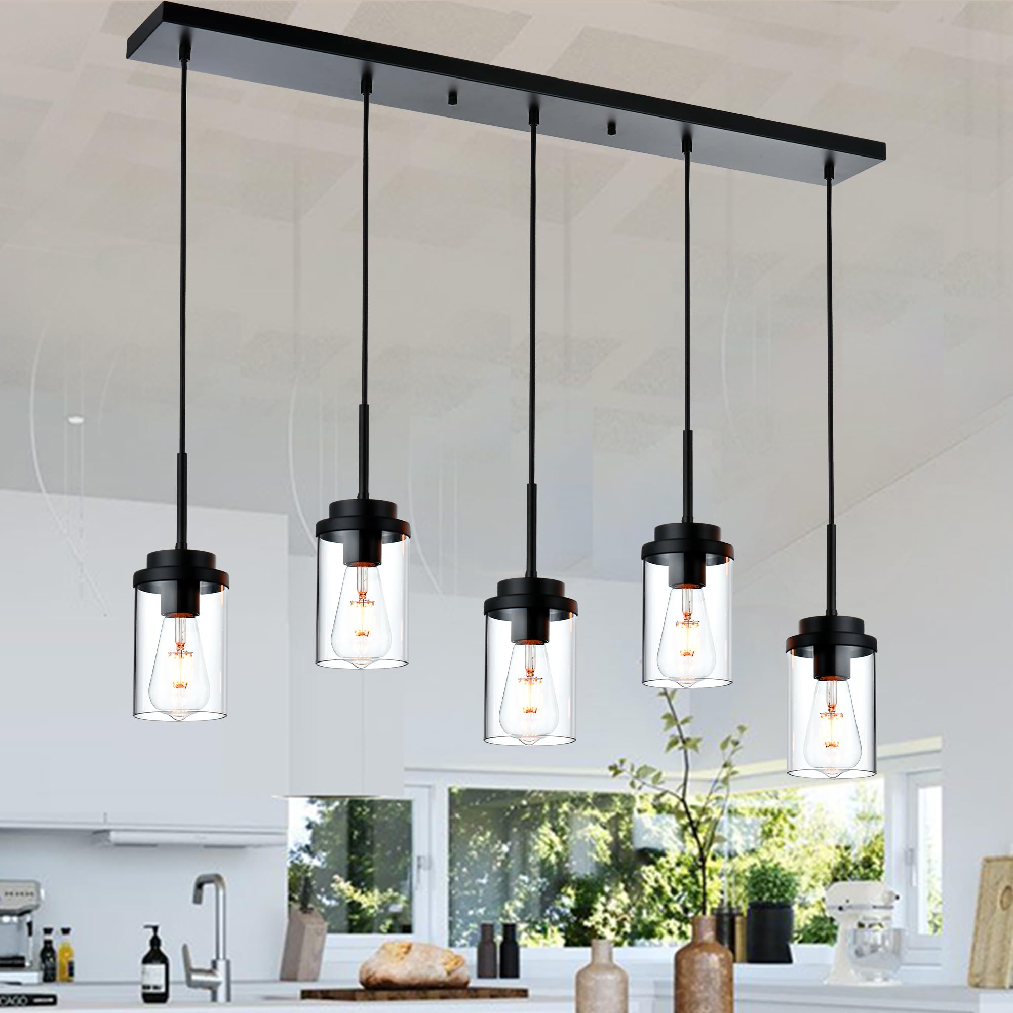 Modern Industrial Farmhouse Chandelier - Black Linear Pendant Light with Clear Glass Shade for Dining Room, Kitchen Island & Foyer | Rustic Ceiling Lighting Fixture for Home Decor & Restaurant Ambience