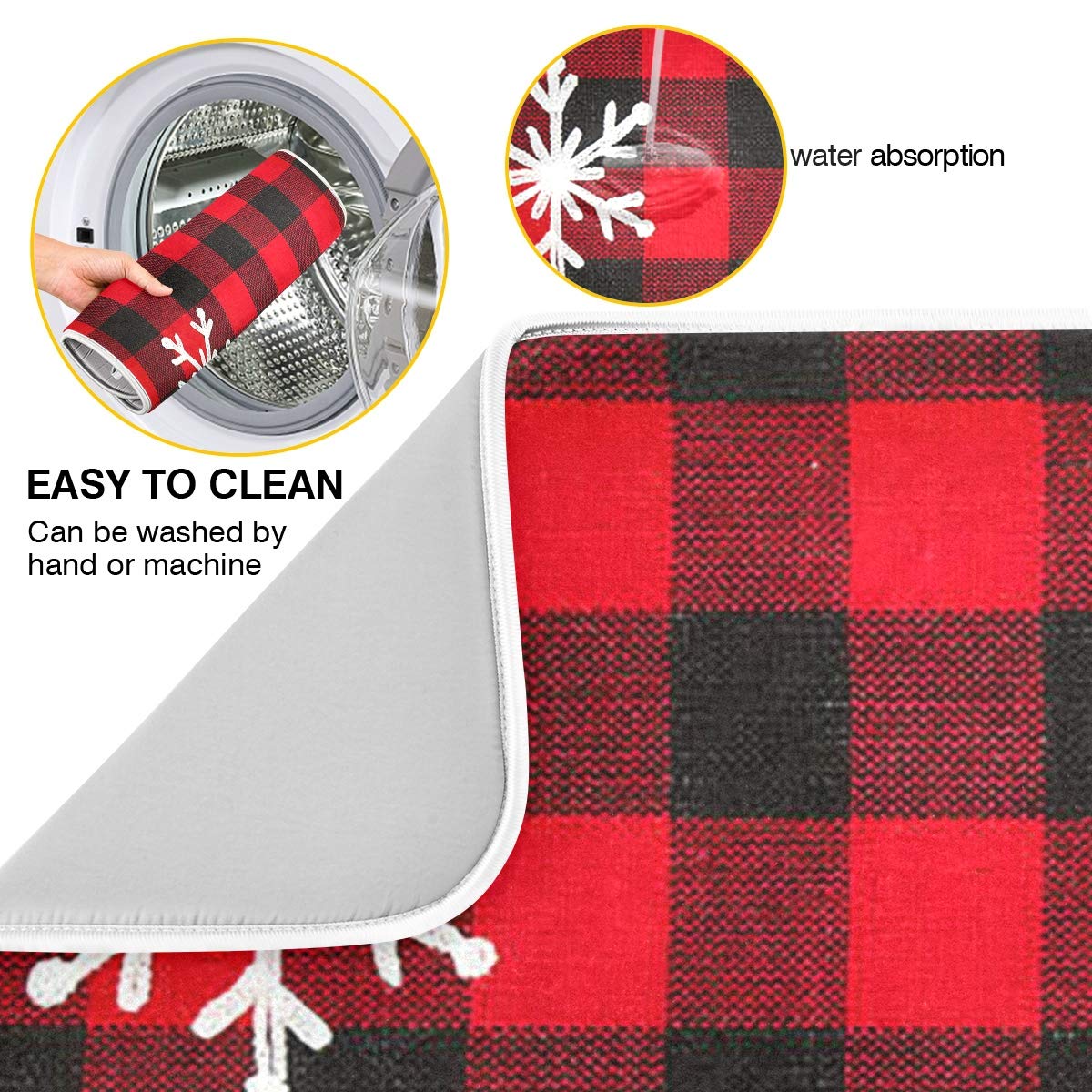 Christmas Plaid Dish Drying Mat 18x24 Inch - Red Black Snowflake Design for Kitchen Countertops & Bottles
