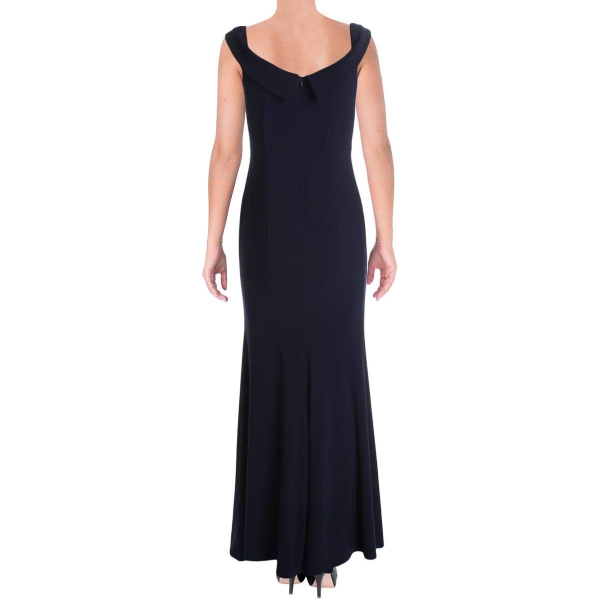 Xscape Women's Deep V Neck Off-The-Shoulder Evening Gown - Navy Blue Size 10 | Elegant Formal Dress for Cocktail Parties, Prom, Wedding Guest & Special Occasions