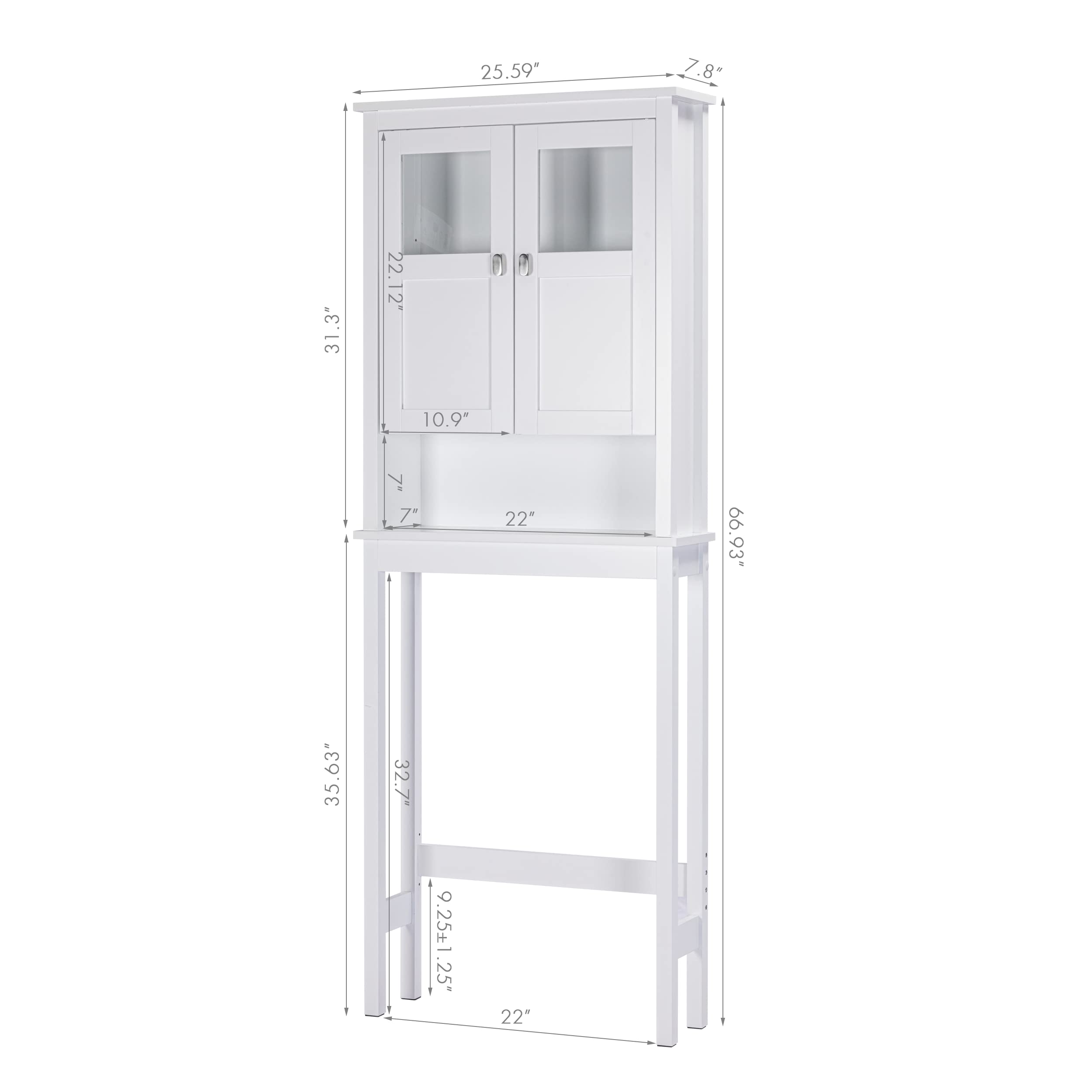White Over The Toilet Storage Cabinet with Glass Doors & Adjustable Shelves - Bathroom Space Saving Organizer for Towels, Toiletries & Cosmetics