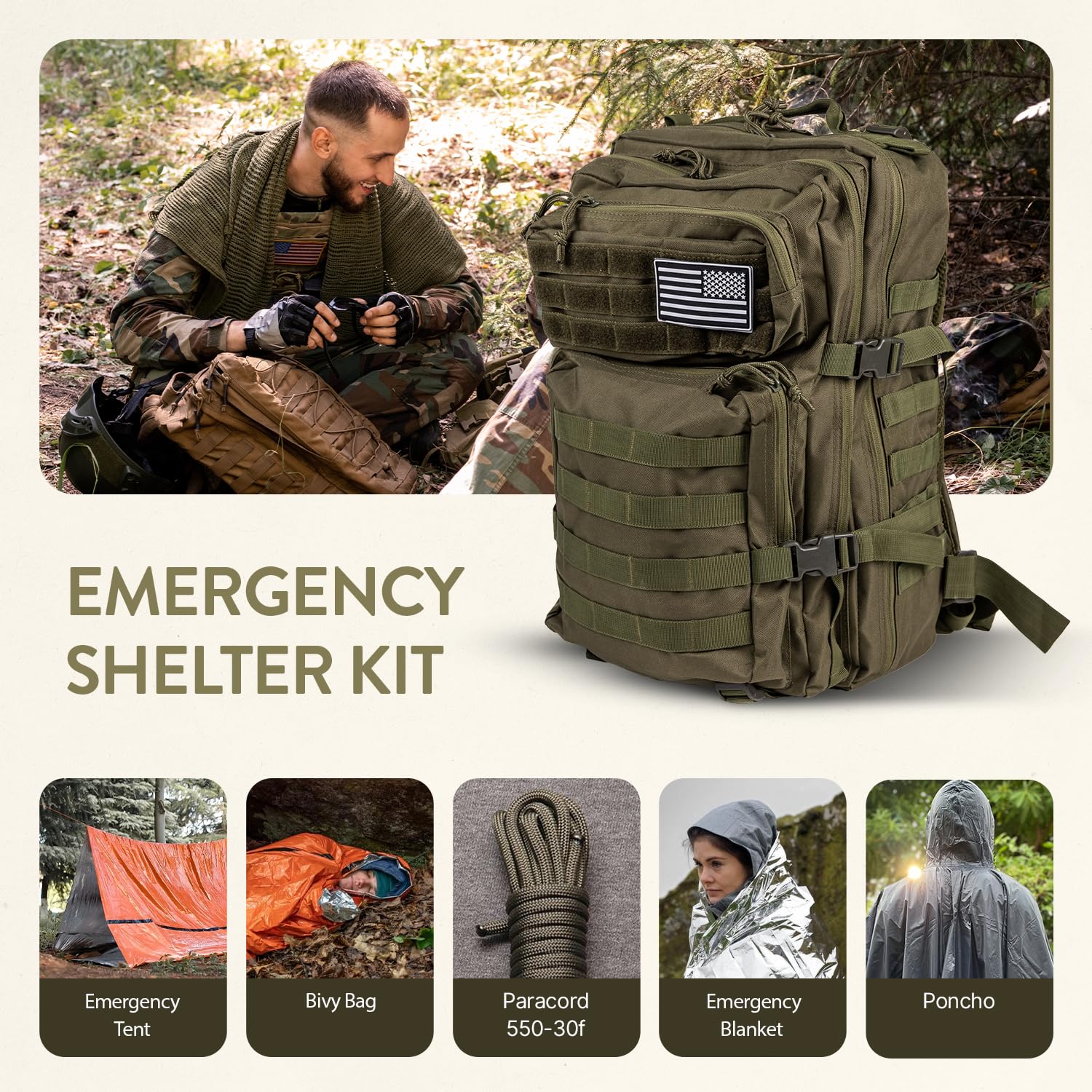 72-Hour Emergency Survival Kit | 45L Tactical Bug Out Bag with First Aid, Water Filter, MRE Food & Survival Tools | Camping, Hiking, Outdoor Adventure & Disaster Preparedness Gear for Wilderness Survival & Emergency Evacuation