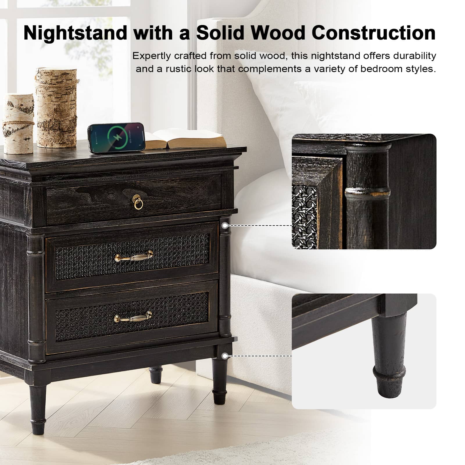 Emilio 3-Drawer Solid Wood Nightstand with USB Charging Port - Modern Bedside Table for Bedroom, Living Room & Office - Perfect for Charging Devices & Storage