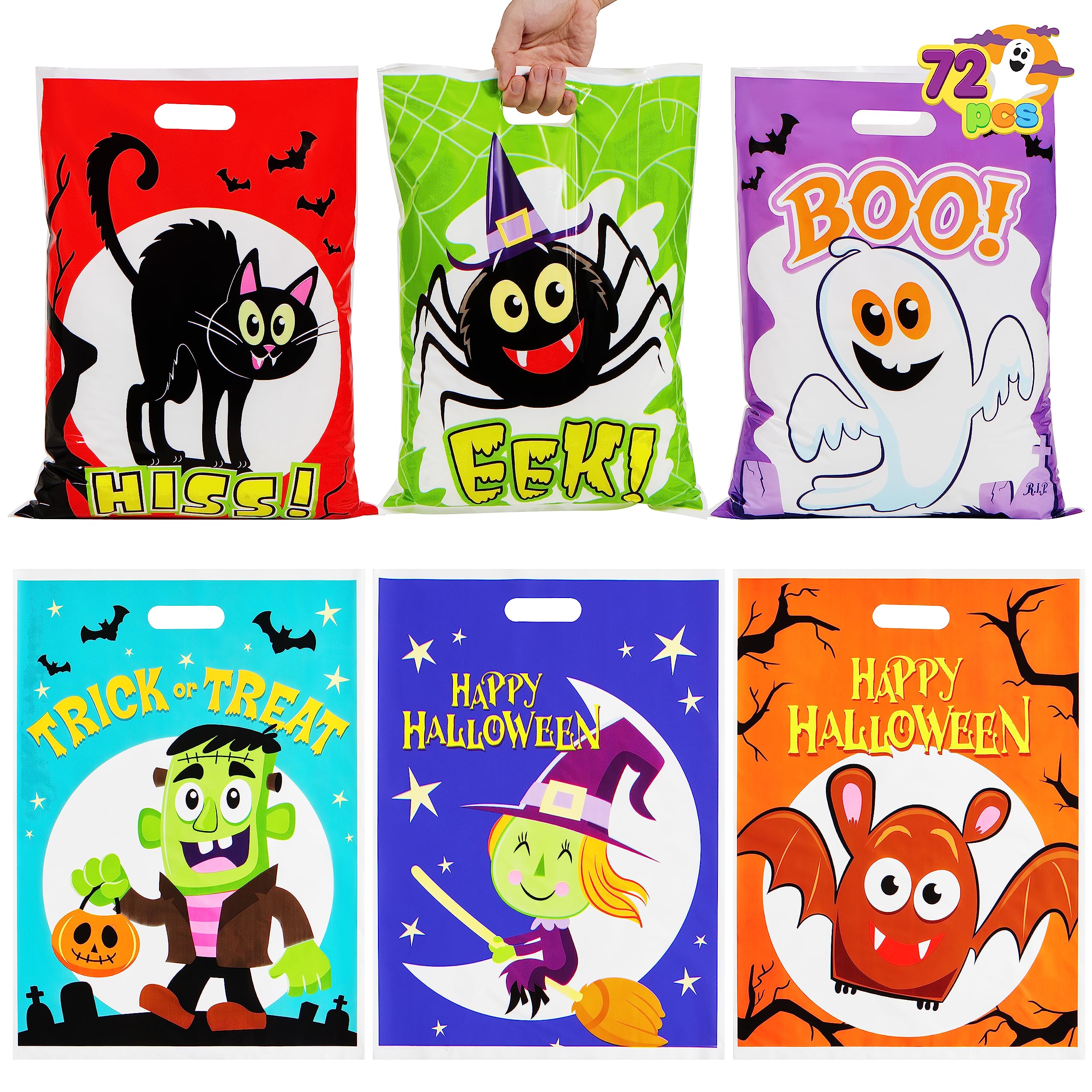 JOYIN 72-Piece Halloween Candy Bags for Trick or Treat - 6 Fun Character Designs, Plastic Goodie Bags for Halloween Party Favors & Supplies | Perfect for Classroom Treats, Neighborhood Trick-or-Treating & Halloween Party Giveaways