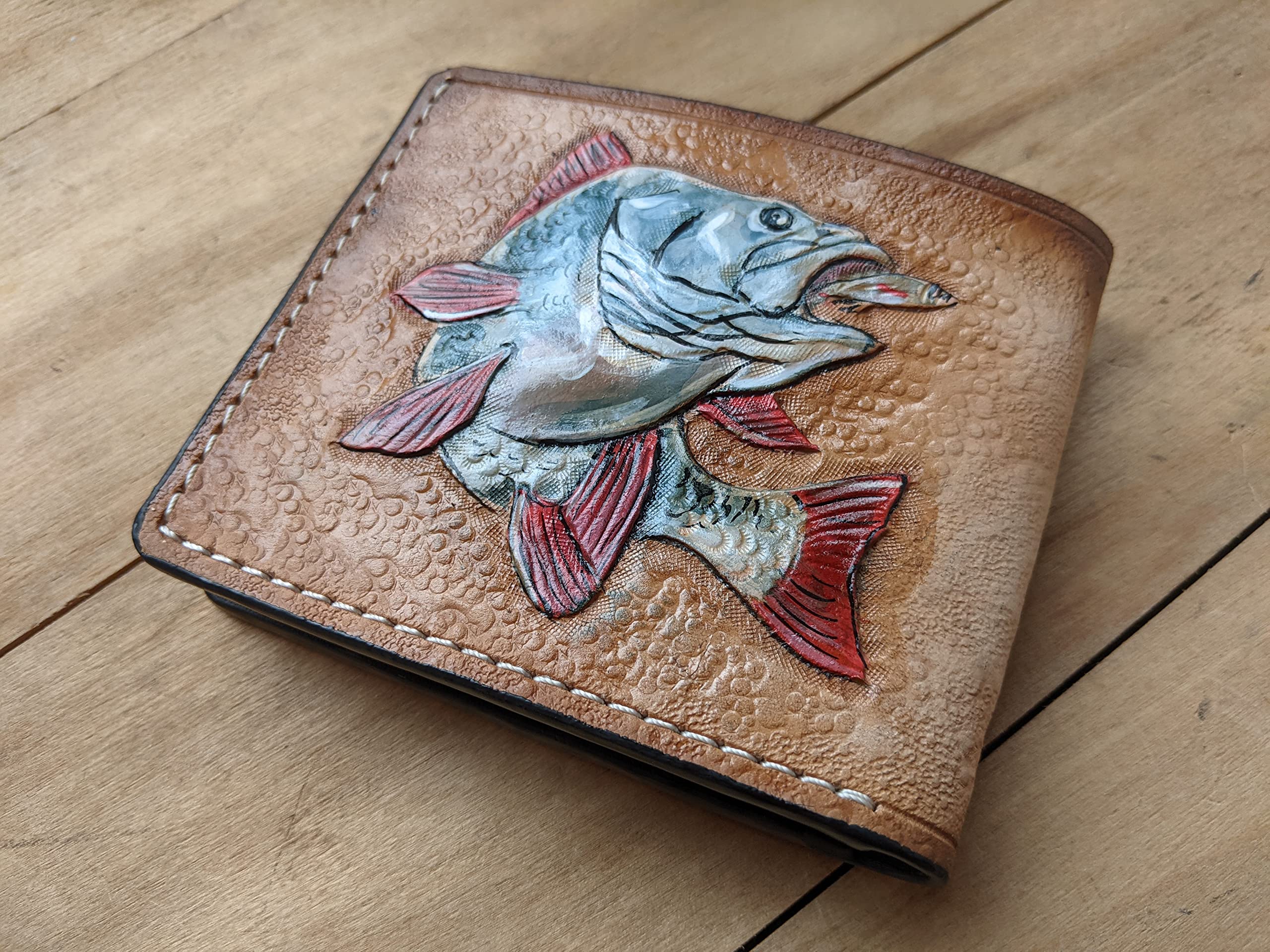 Grizzly Bear Hunting & Fishing 3D Genuine Leather Wallet for Men - Handmade Carved Bifold Wallet with Airbrush Art - Custom Personalized Tooled Leather Wallet for Outdoor Enthusiasts & Gift Giving