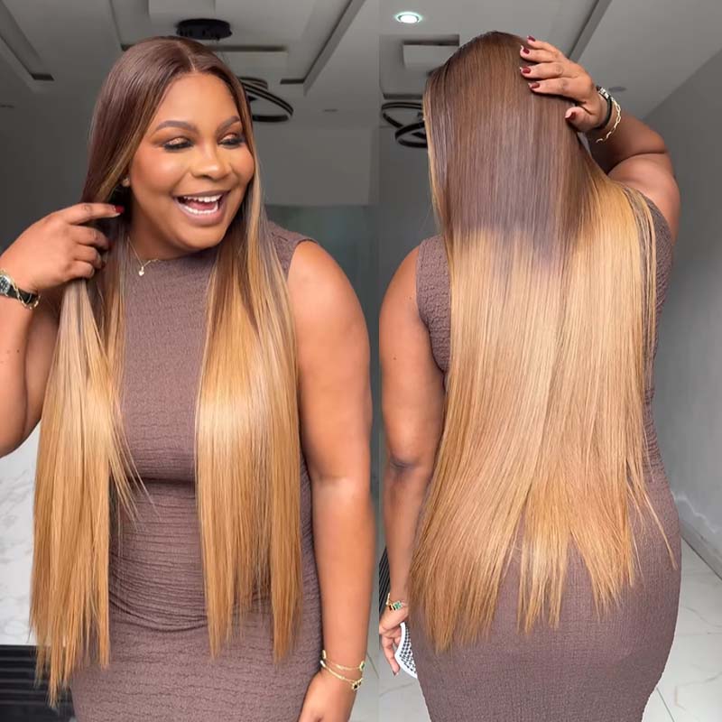 Eullair Ombre Chocolate Brown with Honey Brown Sunk Stripe Straight Human Hair Wig - Pre-Colored Transparent HD Lace Frontal Wig for Women (EW010) | Natural Look for Daily Wear, Parties & Special Occasions