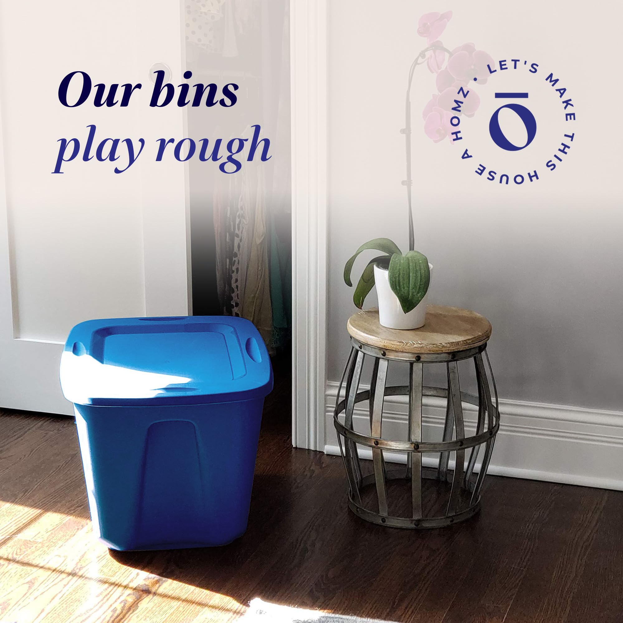 HOMZ 8-Pack Heavy Duty Plastic Storage Bins - 10 Gallon Organizing Containers for Home, Garage & Closet - Durable Stackable Blue Bins for Toys, Clothes & Household Items