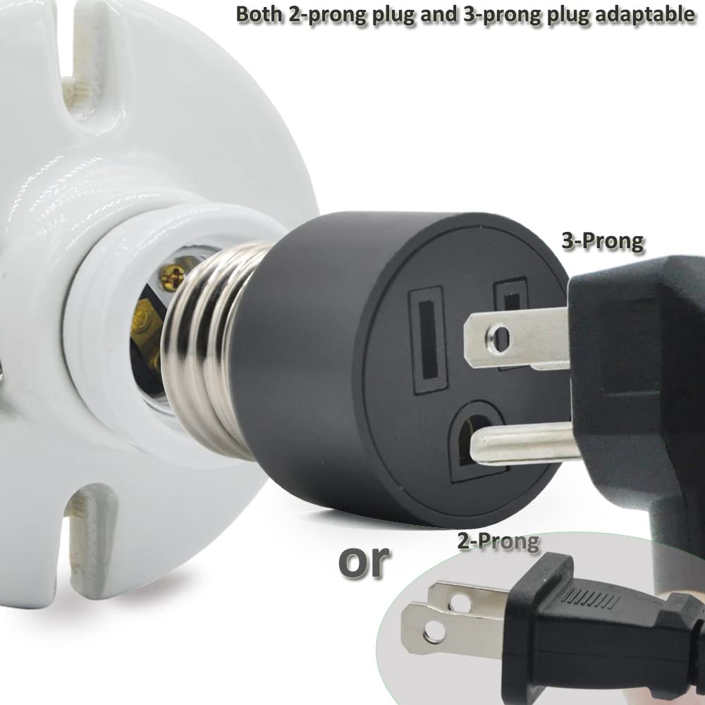 3 Prong Outlet Light Socket Adapter - E26 to Outlet Converter, Screw-in Light Bulb Socket Plug (Black) - Perfect for Porch Lights, Security Cameras, Garage Lighting & Holiday Light Strings