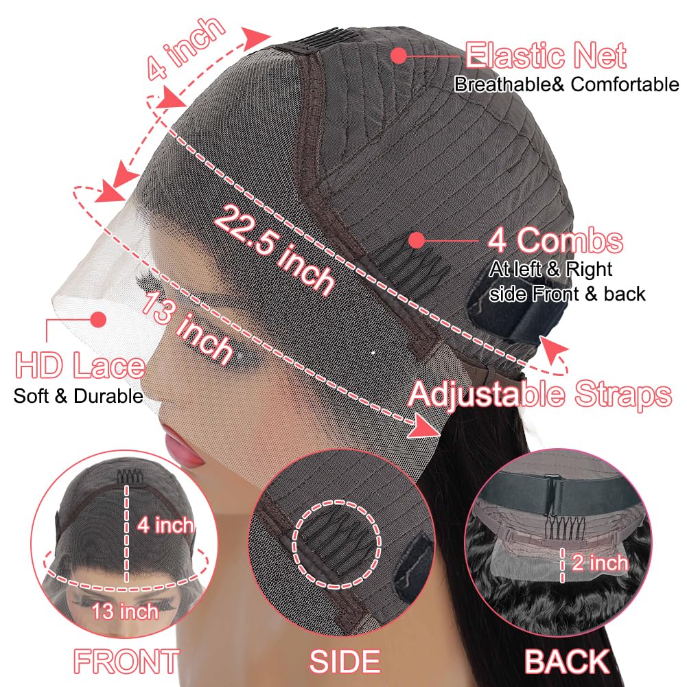 22 Inch Deep Wave Lace Front Wig Human Hair 200% Density 13x4 HD Curly Lace Frontal Glueless Wig for Women - Pre Plucked Natural Black Color for Daily Wear, Parties & Special Occasions