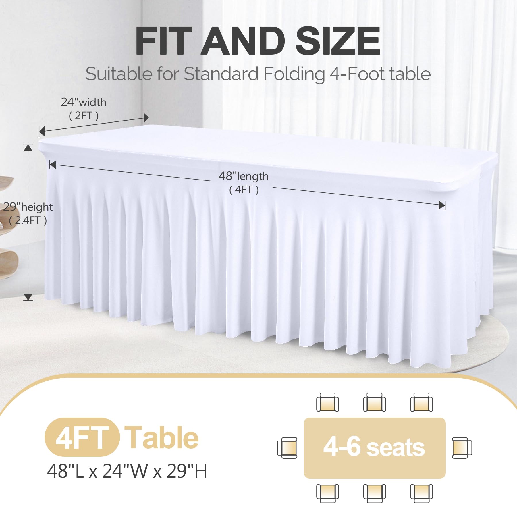 PARTISKY 4ft White Spandex Table Skirt - Stretchable Table Cover for 4 Foot Rectangle Folding Tables - Perfect for Weddings, Banquets & Party Decorations