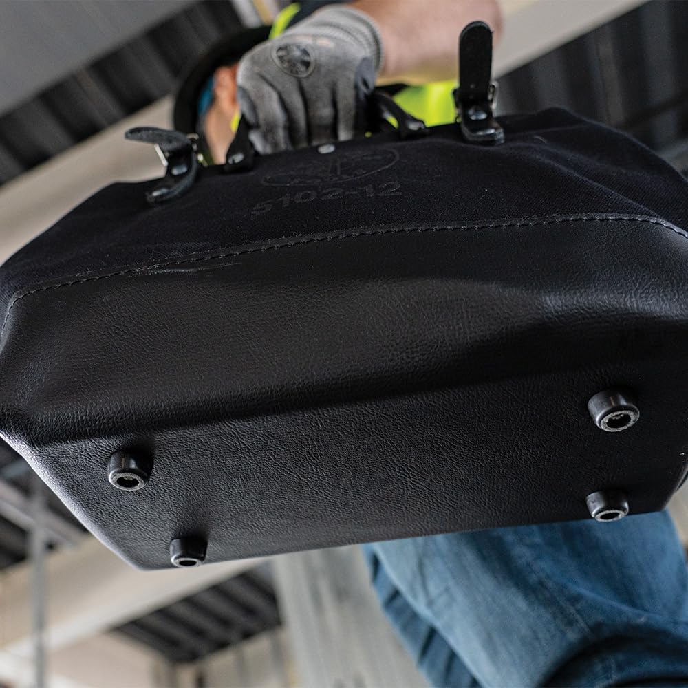 Klein Tools 510212BLK Heavy Duty Black Canvas Tool Bag - 12-Inch Professional Tool Tote with Wide Hinged Opening & Leather Handles - Perfect for Electricians, Contractors & DIY Projects