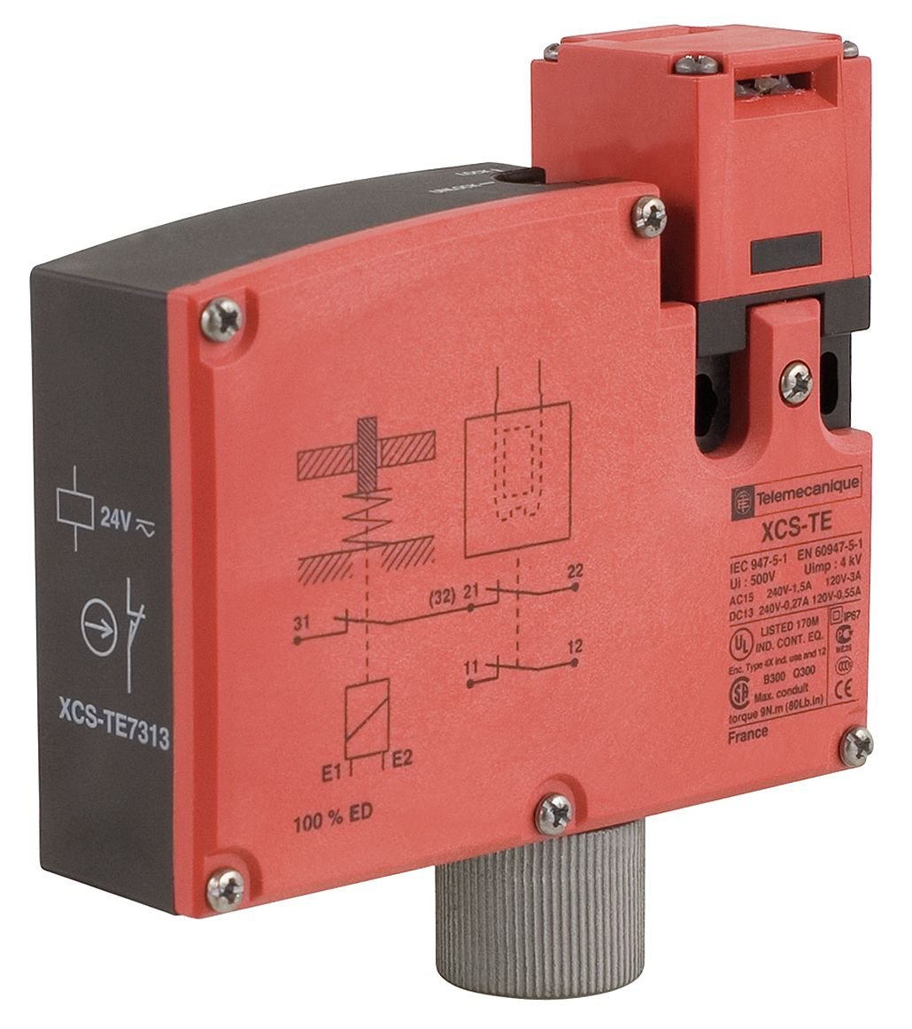 XCSTE7313 Limit Switch - 2 NC Simultaneous Contacts, De-Energized Solenoid Unlock, 24V AC/DC, 1/2