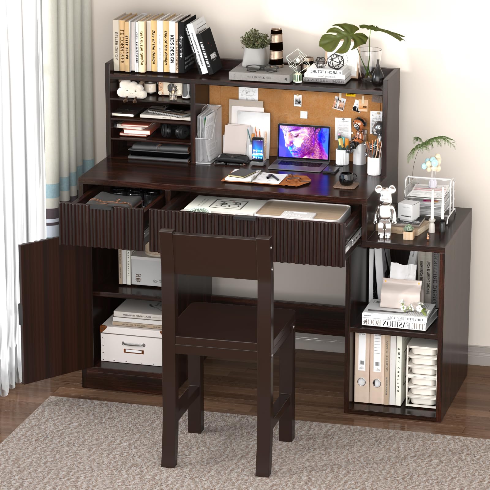 Kids Study Desk and Chair Set for Ages 5-12 - Espresso Wooden Children's Computer Desk with Bulletin Board, Storage Drawers & Cabinets - Perfect for Homework, Online Learning & Small Bedrooms (Model B10)