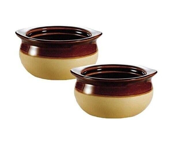 French Soup Crock Bowl Set of 2 - 12 oz Stoneware Bowls in Brown & Ivory | Microwave & Oven Safe for Soups, Stews & Desserts | Perfect for French Onion Soup & Family Dining