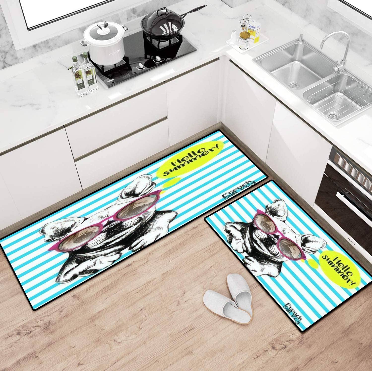 **French Bulldog Kitchen Rugs Set - Non-Slip Washable Kitchen Mat, Floor Runner, Doormat & Bath Rug - Comfortable Standing Mat for Kitchen Decor, Pet Lover Gift - Perfect for Home, Apartment, or Office Use**