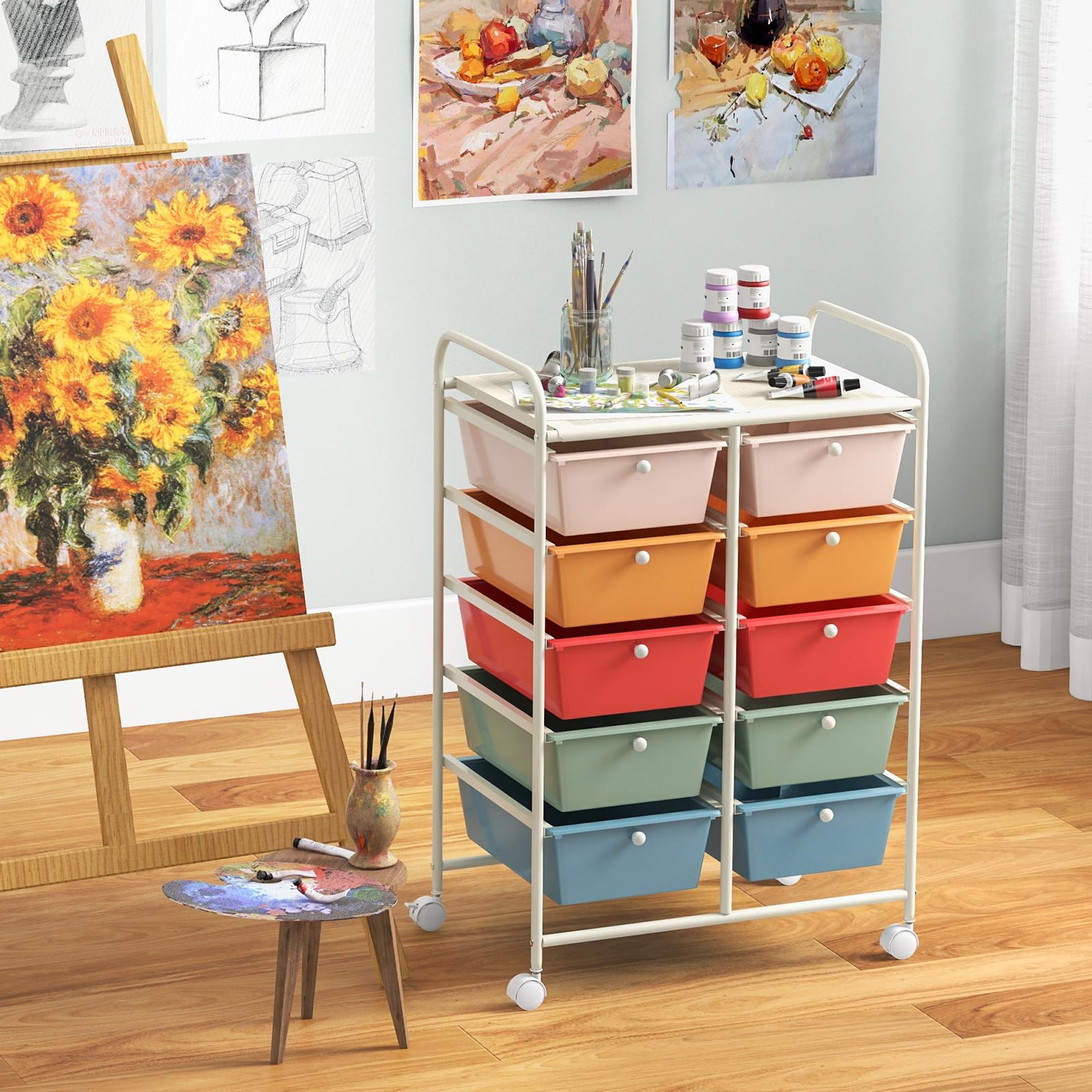 Giantex 10-Drawer Rolling Storage Cart with Wheels - Mobile Organizer for Classroom, Office, Home & School Supplies - Perfect for Teachers, Crafts, Art Paper & Tools - Multicolor - Ideal for Organizing Books, Stationery & DIY Projects