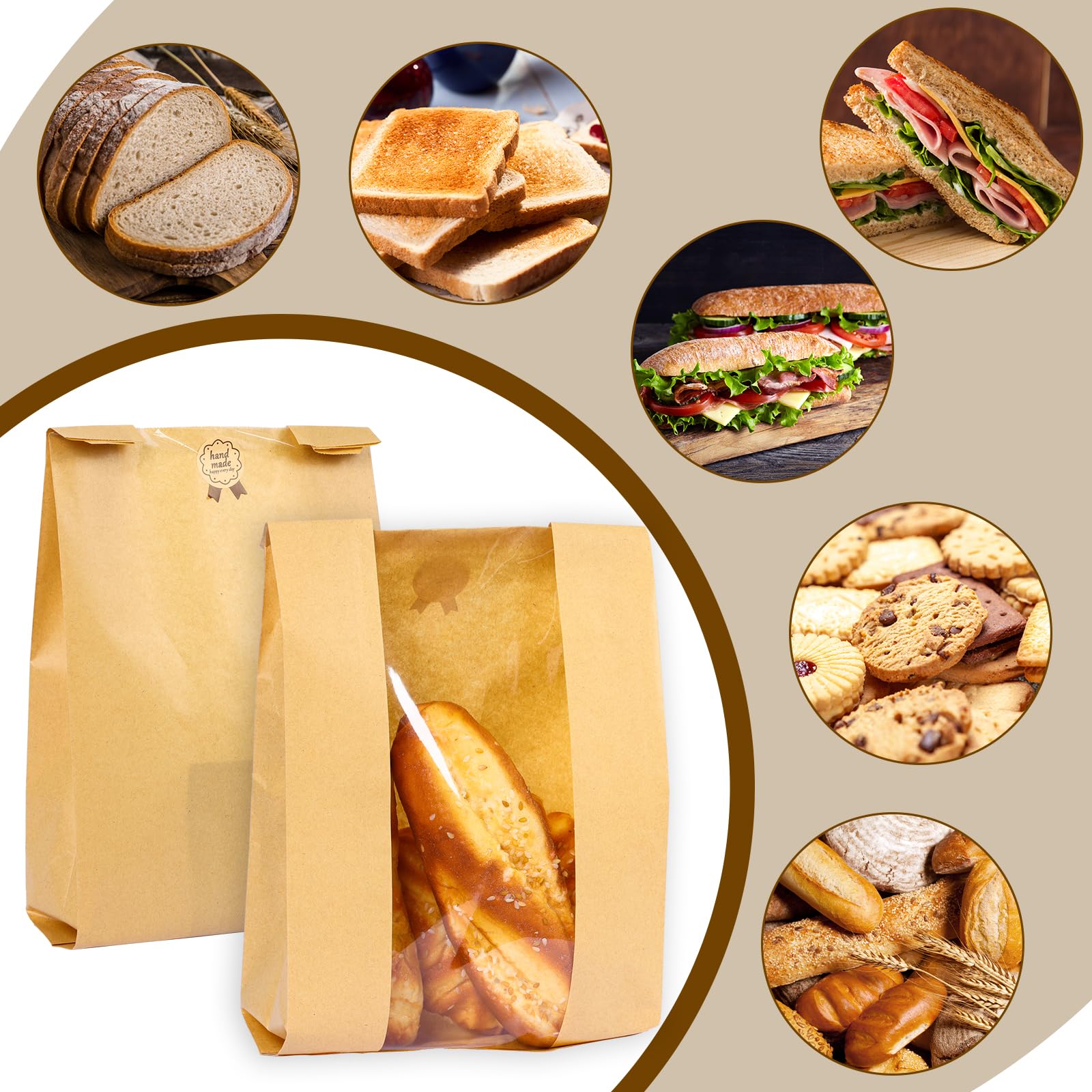 Moretoes Sourdough Bread Bags with Window - 50 Pack 13.7x8.3x3.5 Inch Reusable Paper Bread Bags for Homemade Bread, Baked Goods Storage - Includes Label Seal Stickers - Perfect for Bakeries, Farmers Markets & Home Baking