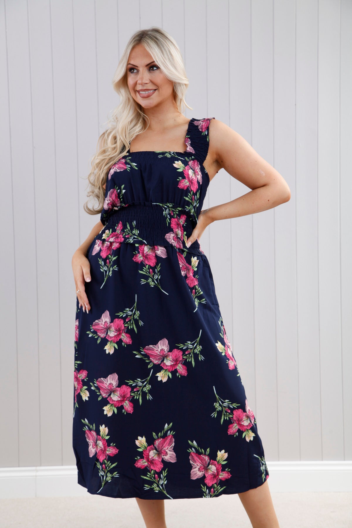 Navy Blue Floral Print Shirred Midi Dress for Women - Perfect for Summer, Beach, and Casual Outings