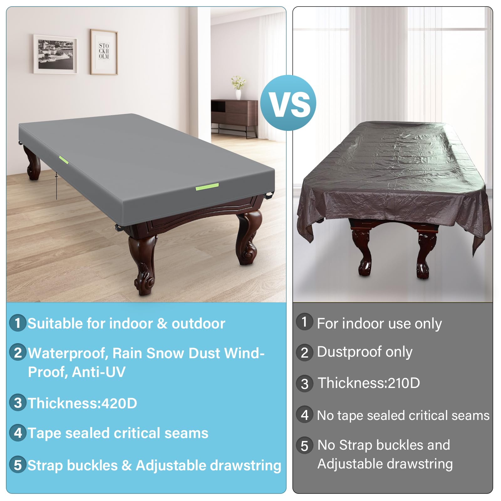 **GEMITTO Waterproof Pool Table Cover with Handles & Drawstring - Fits 7/8/9 FT Billiard & Snooker Tables - Indoor & Outdoor Protection for Game Rooms, Bars, and Home Use**