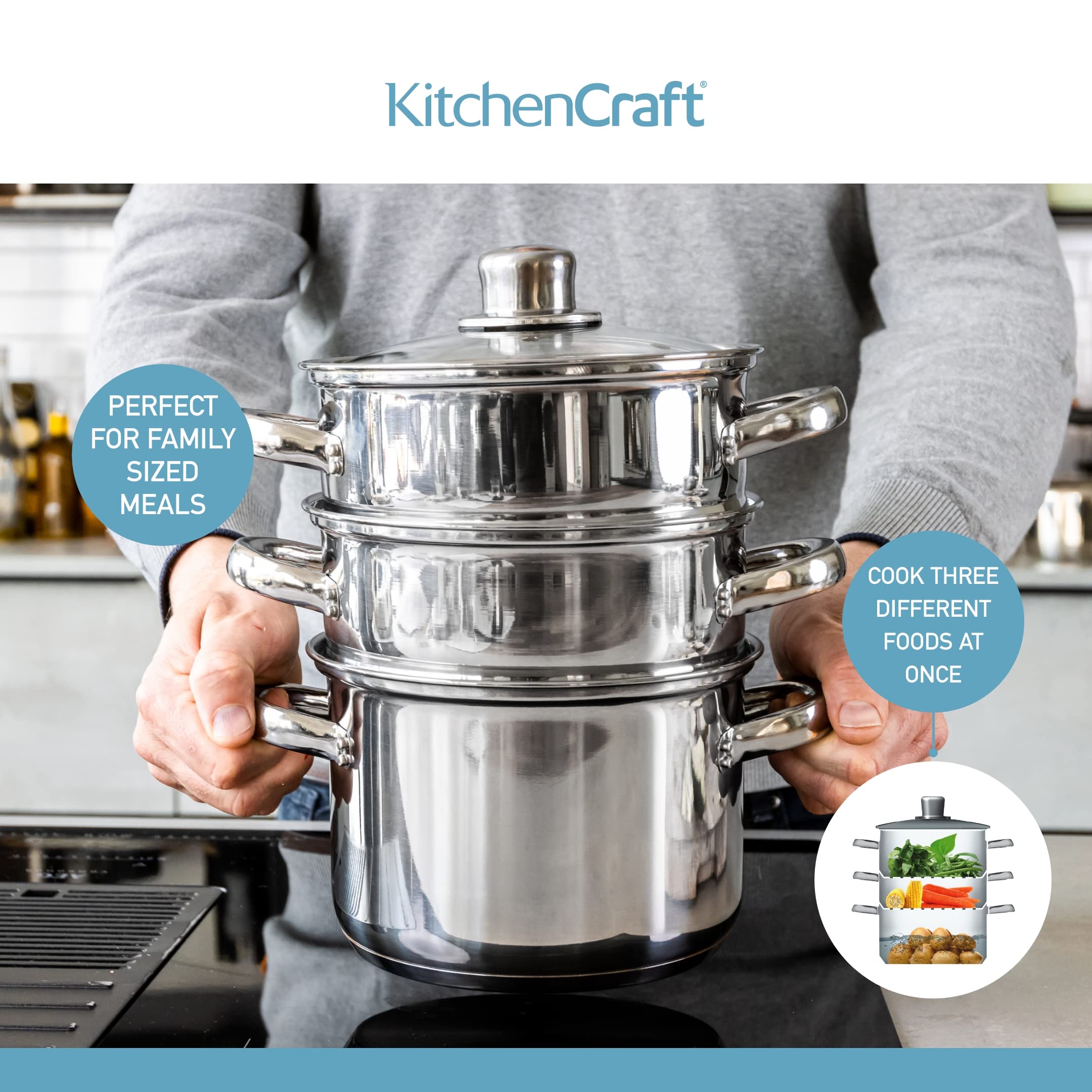 KitchenCraft 3-Tier Stainless Steel Food Steamer & Stock Pot (18cm) - Induction Safe, Includes Gift Box - Perfect for Healthy Cooking, Meal Prep & Family Dinners