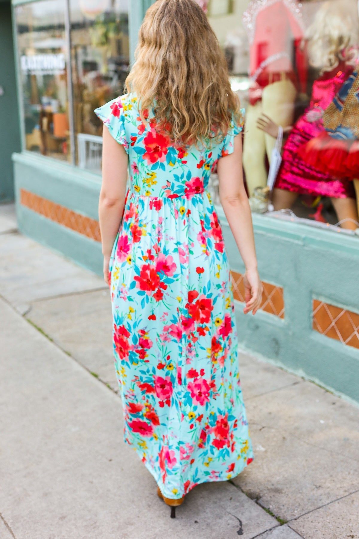 Aqua Floral Fit & Flare Maxi Dress for Women - Summer Beach Wedding Party Dress - Flowy Long Dress with V-Neck & Ruffle Hem