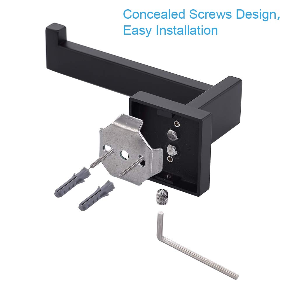 TASTOS Matte Black Toilet Paper Holder - Stainless Steel Wall Mounted Tissue Roll Dispenser & Hanger for Bathroom & Kitchen - Modern Square Design - Perfect for Small Spaces & Contemporary Home Decor
