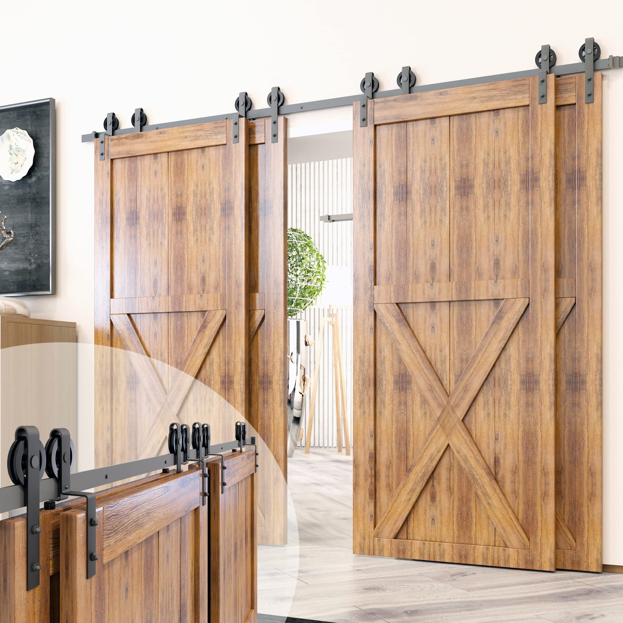 Homacer Black Rustic Single Track Bypass Sliding Barn Door Hardware Kit - 16ft Flat Track with Spoke Wheel Rollers (2 Flat + 2 Bent) - Perfect for Farmhouse, Loft, or Industrial Style Interior Doors - DIY Installation for 4 Doors