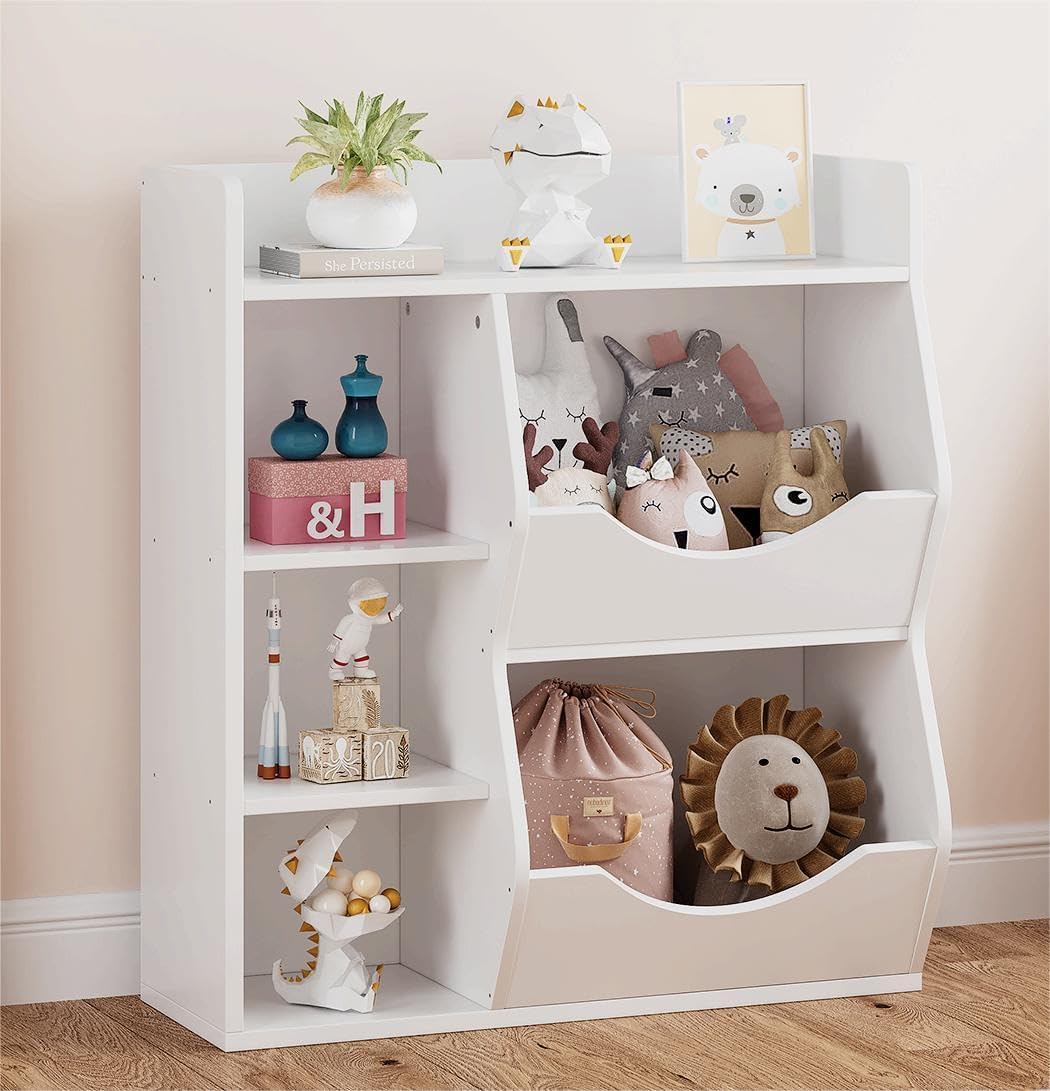 3-Tier Kids Toy Storage Organizer & Bookshelf - White Double-Sided 5-Compartment Shelf for Toys, Books - Perfect for Kids' Room, Bedroom, Living Room & Kindergarten - Organize Playrooms, Daycares & Homeschool Spaces