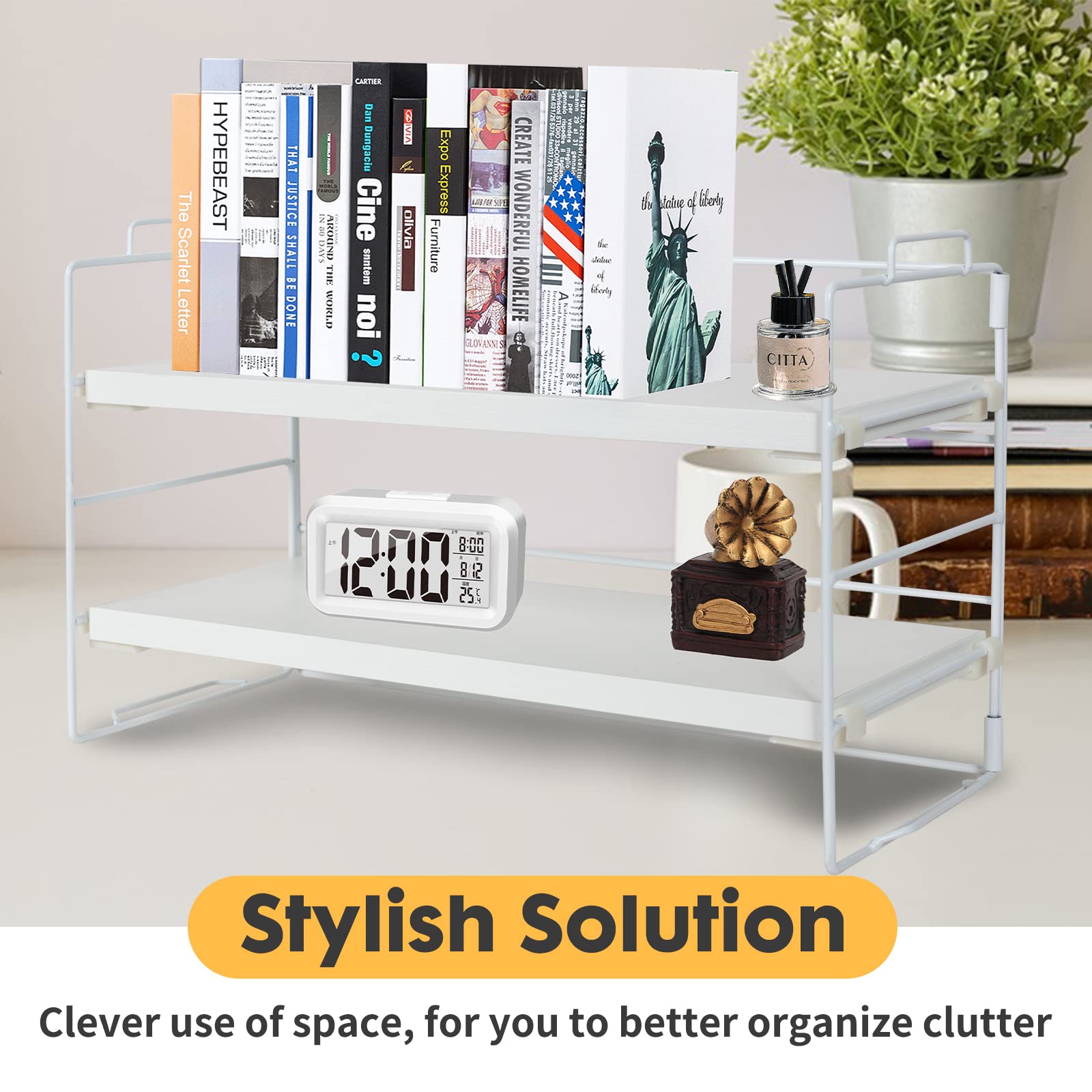 ShellKingdom 2-Tier Adjustable Desk Shelf Organizer - White | Space-Saving Bookshelf & Office Storage Rack for Tabletop, School, Dorm & Workspace Organization | Perfect for Small Spaces & Clutter-Free Desks
