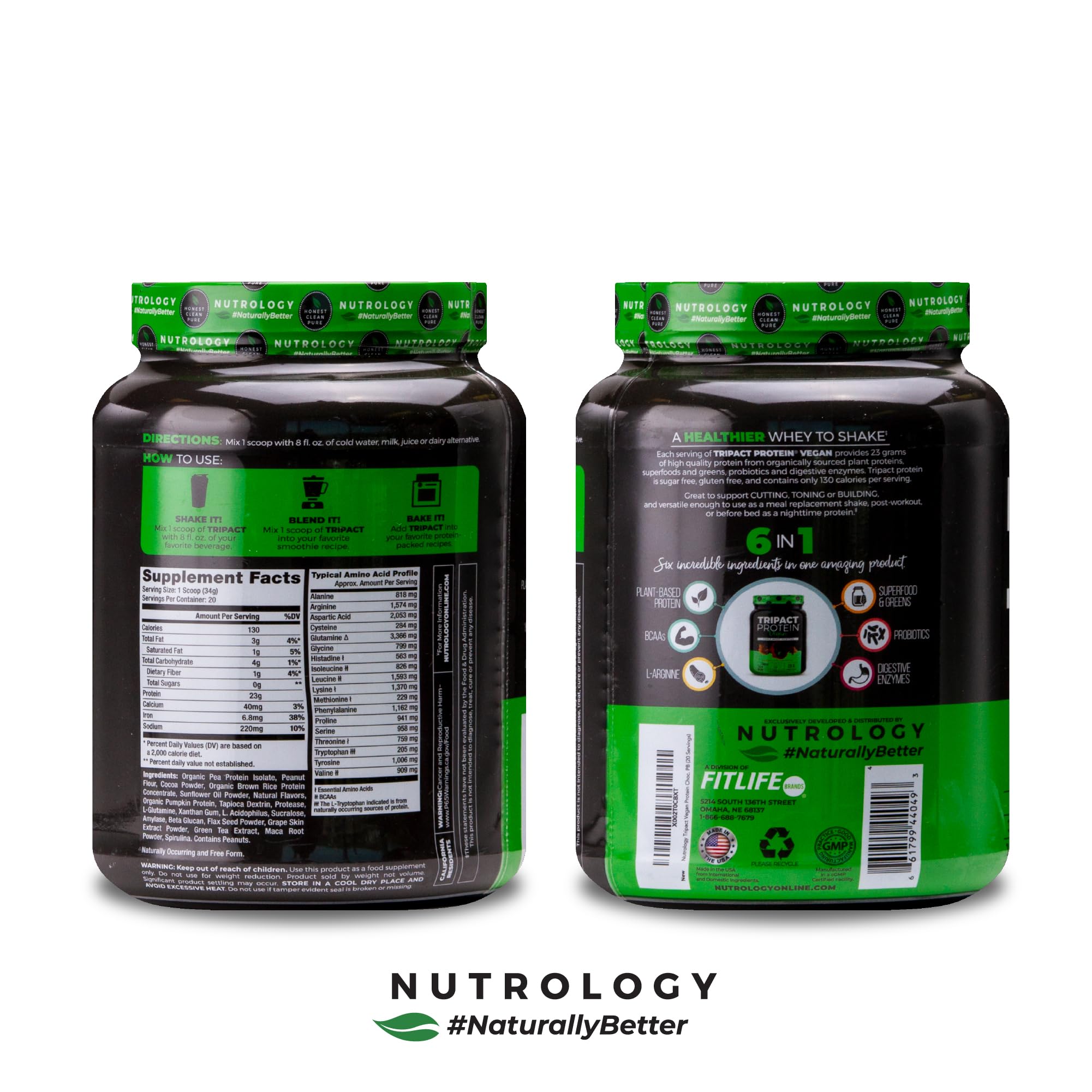 Nutrology TRIPACT Vegan Protein Powder - Organic Plant Based Protein Shake with Pea, Rice & Pumpkin, Non-GMO, BCAAs & Glutamine, Chocolate Peanut Butter Flavor, 20 Servings | Vegan Meal Replacement for Post-Workout Recovery, Weight Management & Healthy Lifestyle