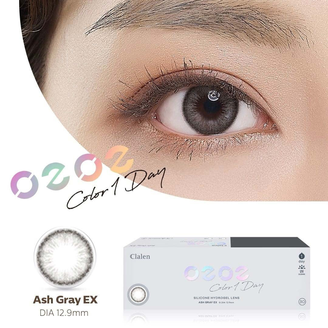 Clalen O2O2 Color 1Day Ash Gray EX (30pcs) Silicone Hydrogel Colored Contact Lenses - Natural Eye Color Enhancement for Daily Wear & Special Occasions